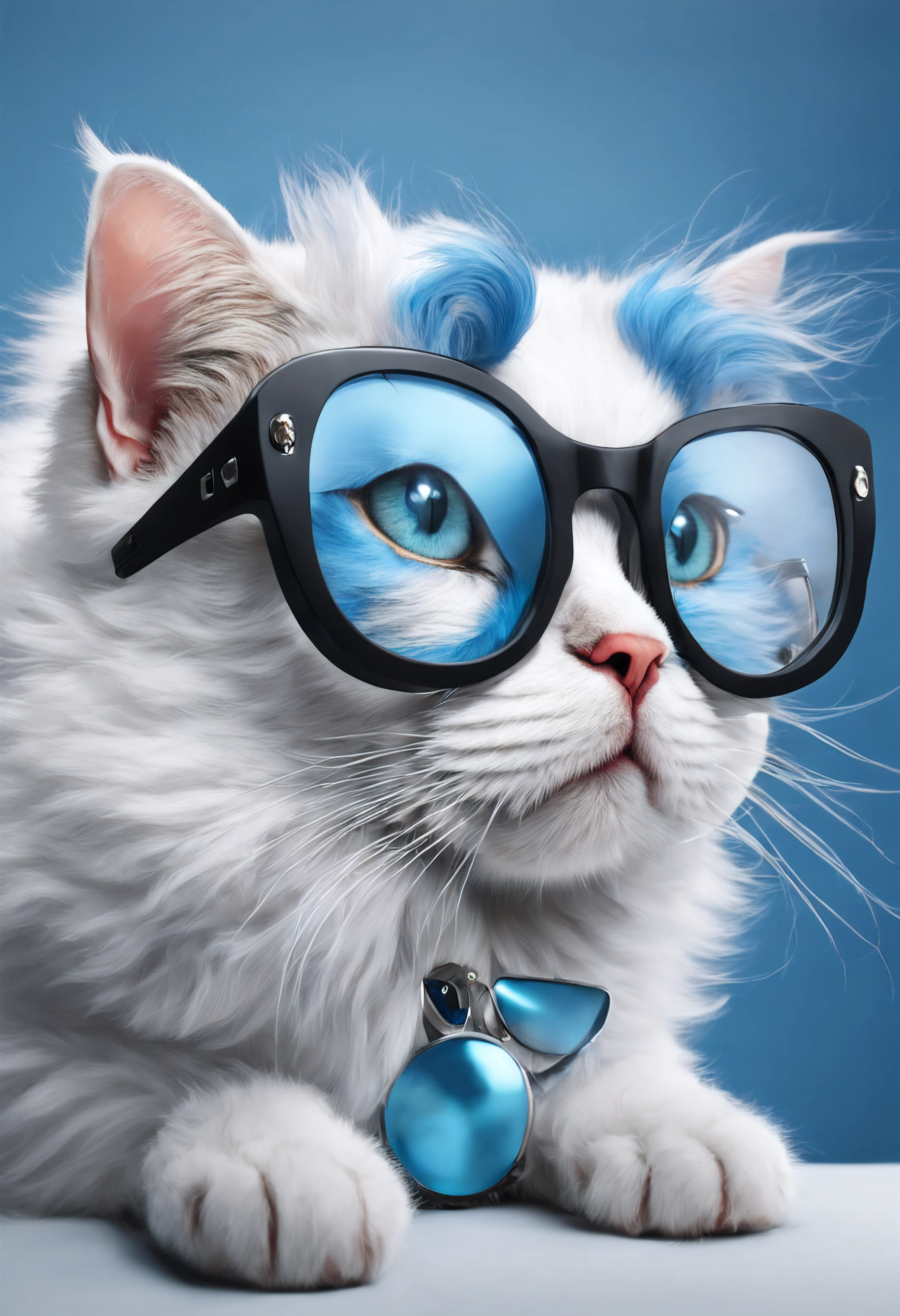 a cat of the white Angora breed, pintura estilo 3D aquarela, Cat wearing blue DJ glasses, White furry Angora cat, wearing a pair of glasses , imagem completa, High resolution high contrast (fotorrealista:1.5), (Foto RAW, 8k UHD,