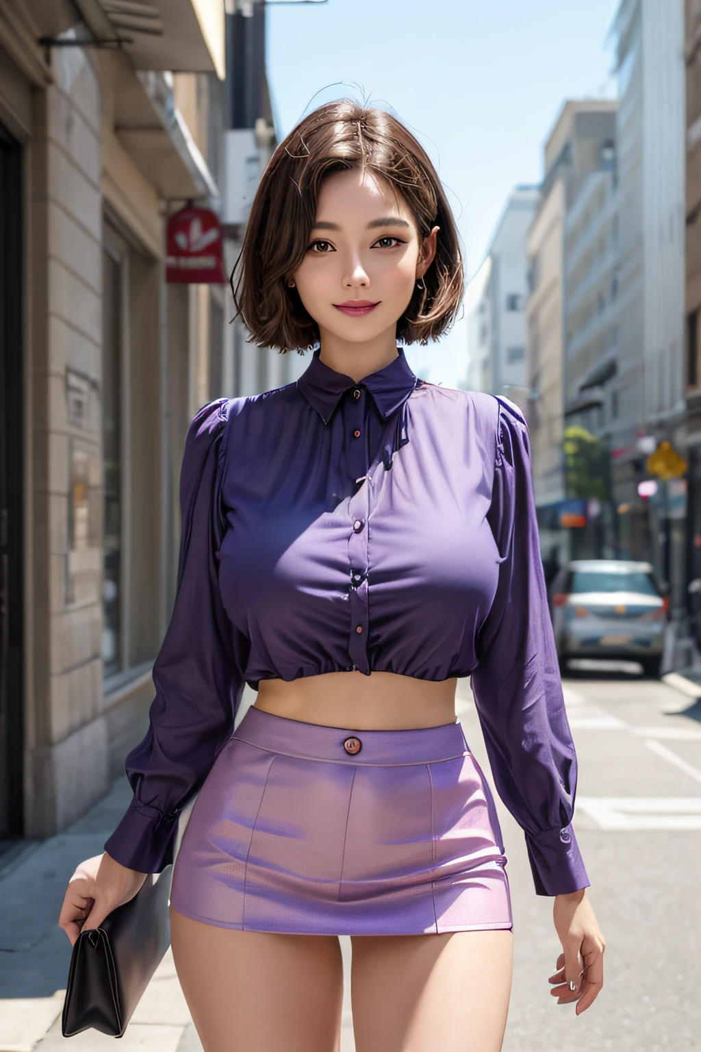 1beautiful woman, Mature, hyperdetailed face, A detailed eye, Double eyelids, Slightly thicker detail lip, short-haired black-haired, (Light purple fancy blouse:1.2), (Red tight mini skirt:1.2), Light pink panties, (Colossal tits:1.3), lightsmile, Cowboy Shot, thighs thighs thighs thighs, Perfect litthing, (Photorealsitic:1.4), (ultra-detailliert), (top-quality), (Best Shadows), (masterpiece), Ultra High Resolution, Background with: (the city street)