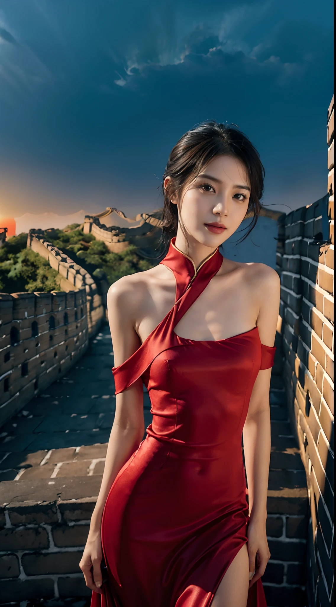(shoulder length straight short black hair: 1.3), （Extremely meticulous CG 8k wallpaper），（Extremely refined and beautiful），（Masterpiece），（best qualtiy：1.0），（Ultra High Resolution：1.0），beautiful light up，Perfect lightning，realistic shaded，[A high resolution]，Smooth and flawless fair skin，Extremely exquisite facial details，（perfect body：1.1），ultra - detailed,1 beautiful girl，small head,(Flat chests:1.3)，slim，thin，Smile，cheerfulness，(Gorgeous Red Evening Dress Long Dress:1.5),Slender legs,shoulder off,bare shoulder,upper body,close shot,cowboy shot,(Portrait above chest level:1.2),(Photo booth:1.2),(Bright sunshine:1.2),standing,(Day scene:1.5), (on the Great Wall:1.5),(blue sky:1.3)