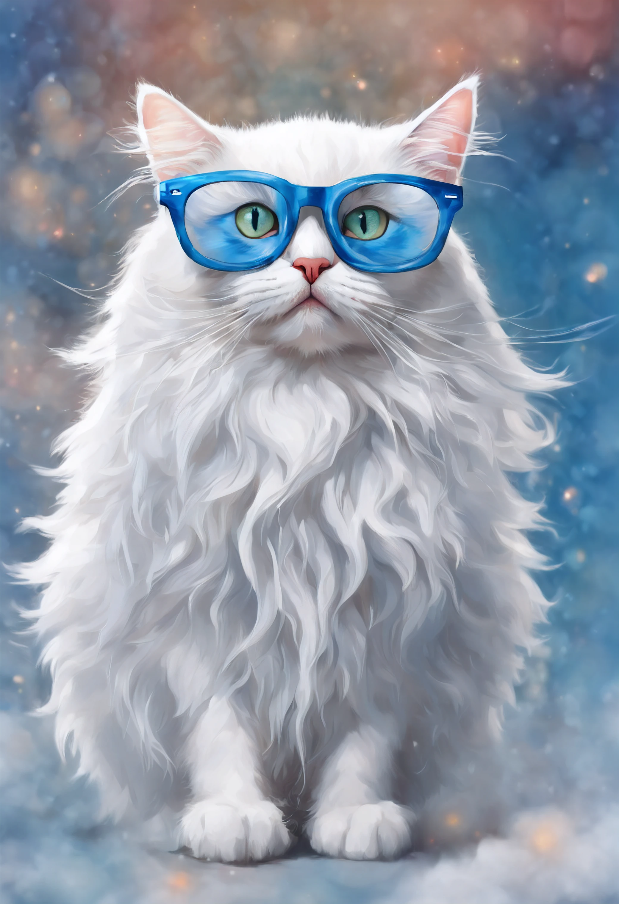 a cat of the white Angora breed, pintura estilo 3D aquarela, Cat wearing blue DJ glasses, White furry Angora cat, wearing a pair of glasses , imagem completa, High resolution high contrast (fotorrealista:1.5), (Foto RAW, 8k UHD,