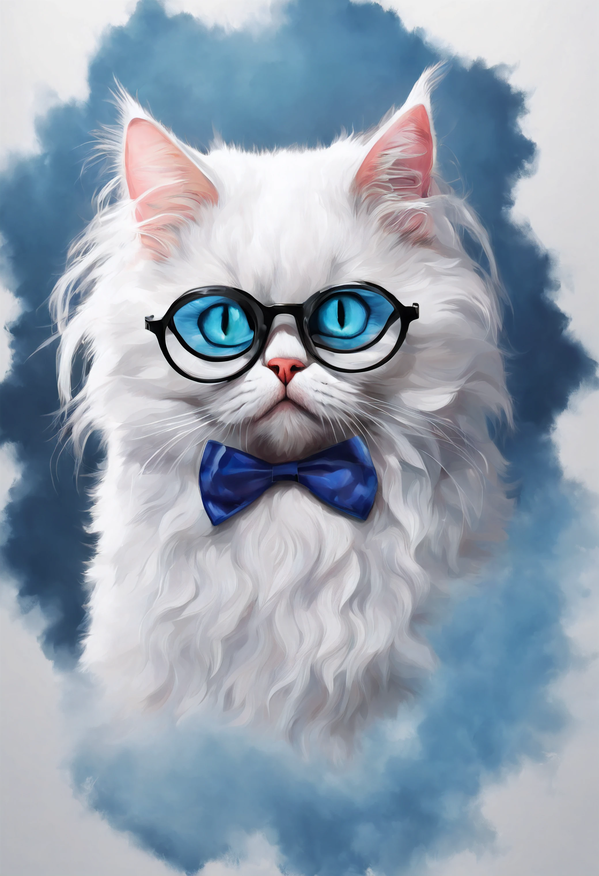 a cat of the white Angora breed, pintura estilo 3D aquarela, Cat wearing blue DJ glasses, White furry Angora cat, wearing a pair of glasses , imagem completa, High resolution high contrast (fotorrealista:1.5), (Foto RAW, 8k UHD,