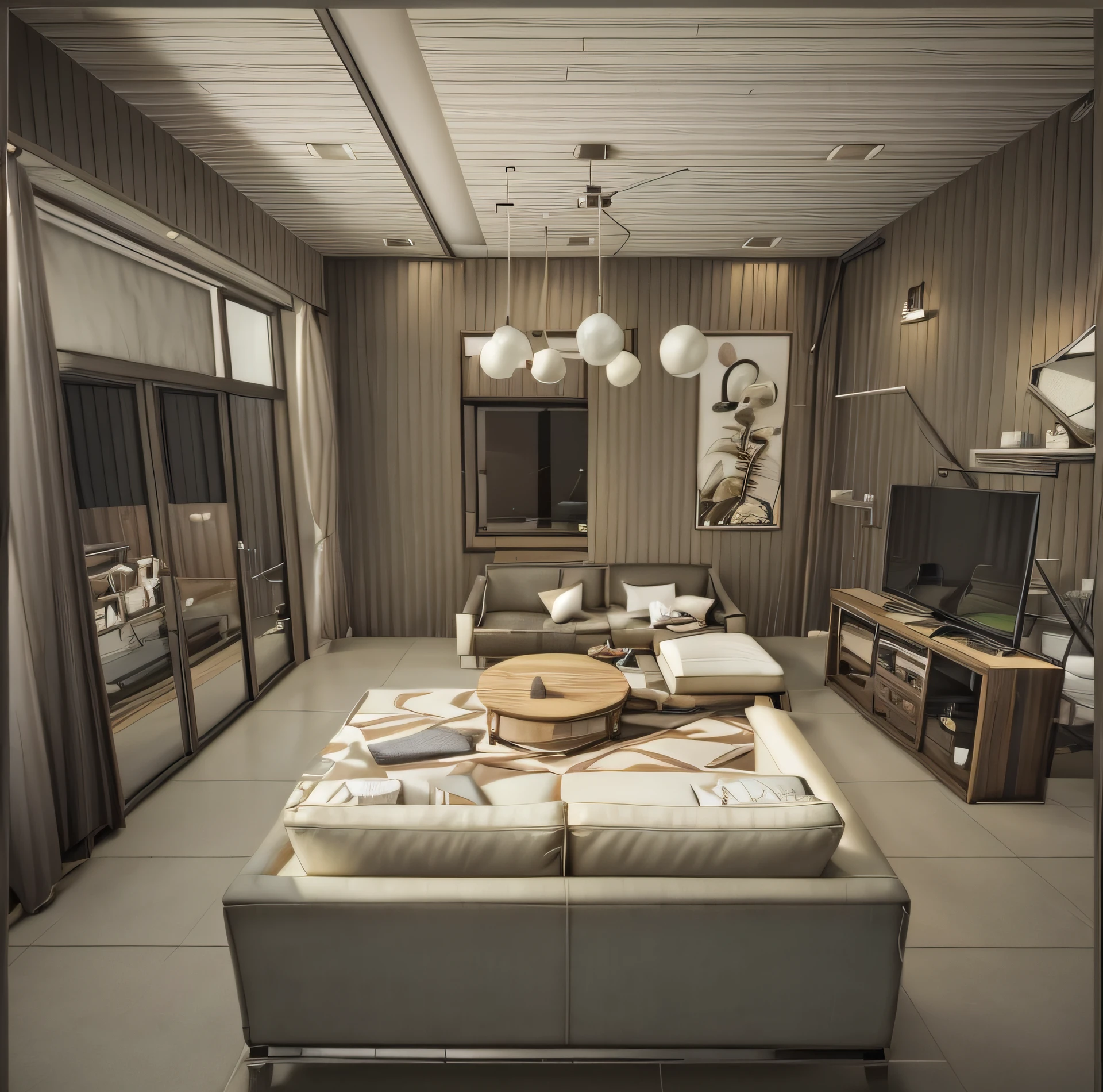 there is a living room with a couch, coffee table, and a television, interior living room, porcelain floor tile, brick wall, modern living room, plain wall surrounding the structure out side, stunning 3 d render, rendered in lumion pro, rendered in enscape, highly detailed interior, house interior, vray rendered, rendered in unreal engine 6, interior architecture view, render unreal engine, rendered with unreal engine, unreal engine realistic render, octane render , natural lighting, day lighting, 16k quality.