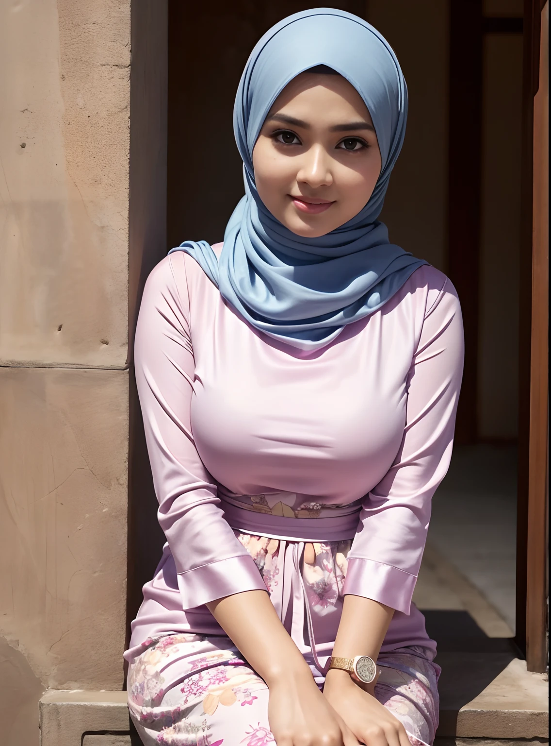 Mira filzah , modern plain hijab, shy, medium portrait shot , watery eyes , pink glowing particles, wear pastel pink lingerie,(( big breast)), pink light bokeh background, proportional body,