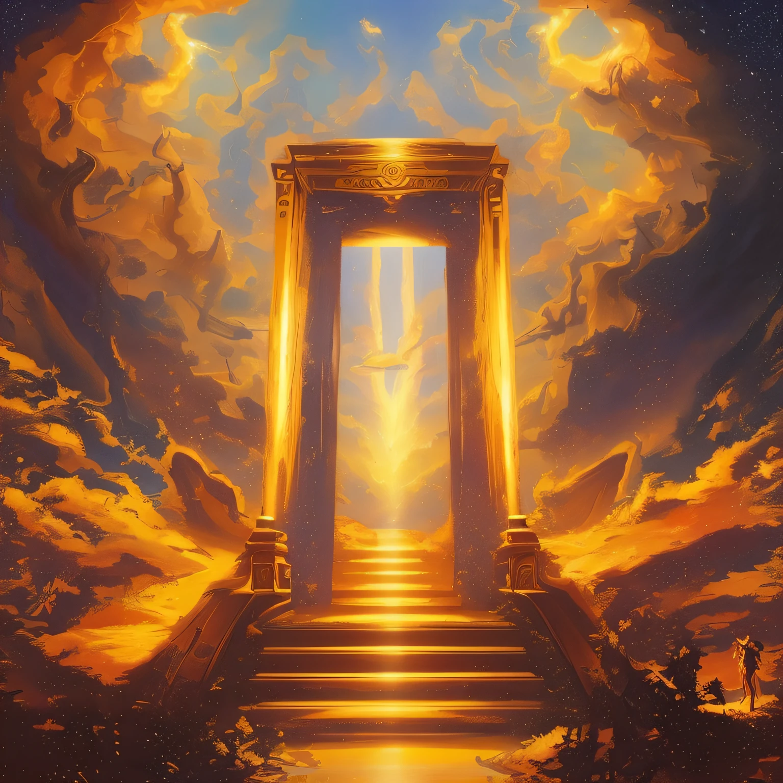 there is a painting of a doorway leading to a stairway, heavens gate, portal to the ethereal realm, heaven gate, entrance to ethereal realm, magic portal in the sky, gates of heaven, inspired by Christophe Vacher, the gates of heaven, gateway to another dimension, magical portal gateway, tall golden heavenly gates, rob mcnaughton, dream portal, desert-like beautiful scenery