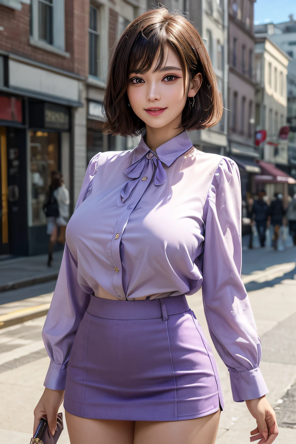 1beautiful woman, Mature, hyperdetailed face, A detailed eye, Double eyelids, Slightly thicker detail lip, short-haired black-haired, (Light purple fancy blouse:1.2), (Red tight mini skirt:1.2), Light pink panties, (Colossal tits:1.3), lightsmile, Cowboy Shot, thighs thighs thighs thighs, Perfect litthing, (Photorealsitic:1.4), (ultra-detailliert), (top-quality), (Best Shadows), (​masterpiece), Ultra High Resolution, Background with: (the city street)