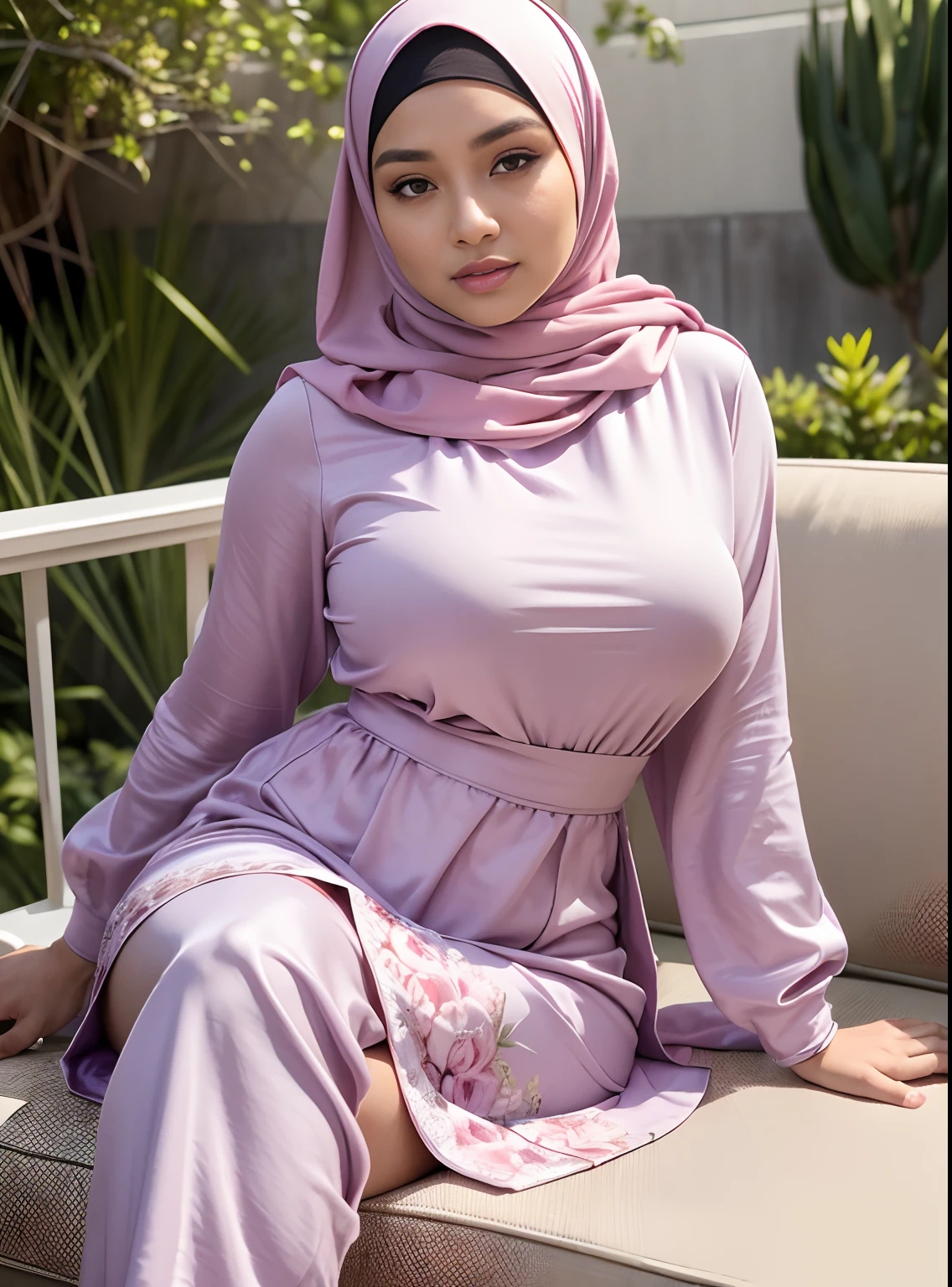 Beautiful fair skin matured malay girl in hijab seating in crowded city garden bench angry, 60 years old, milf, angry pose, angry face, ultra detail face, detail skin texture and wrinkle, crowded city garden, night time, wearing modern plain hijab, lilac color hijab, nude, small breast, flat chest, wide waist, thick thighs, bright lighting, white lighting, dramatic lighting, high quality, cinematic movie shot angle and framing, weeding ring, bracelet and watch, nsfw, show pubic hair, naked, show vagina, seductive face, open leg, look into camera