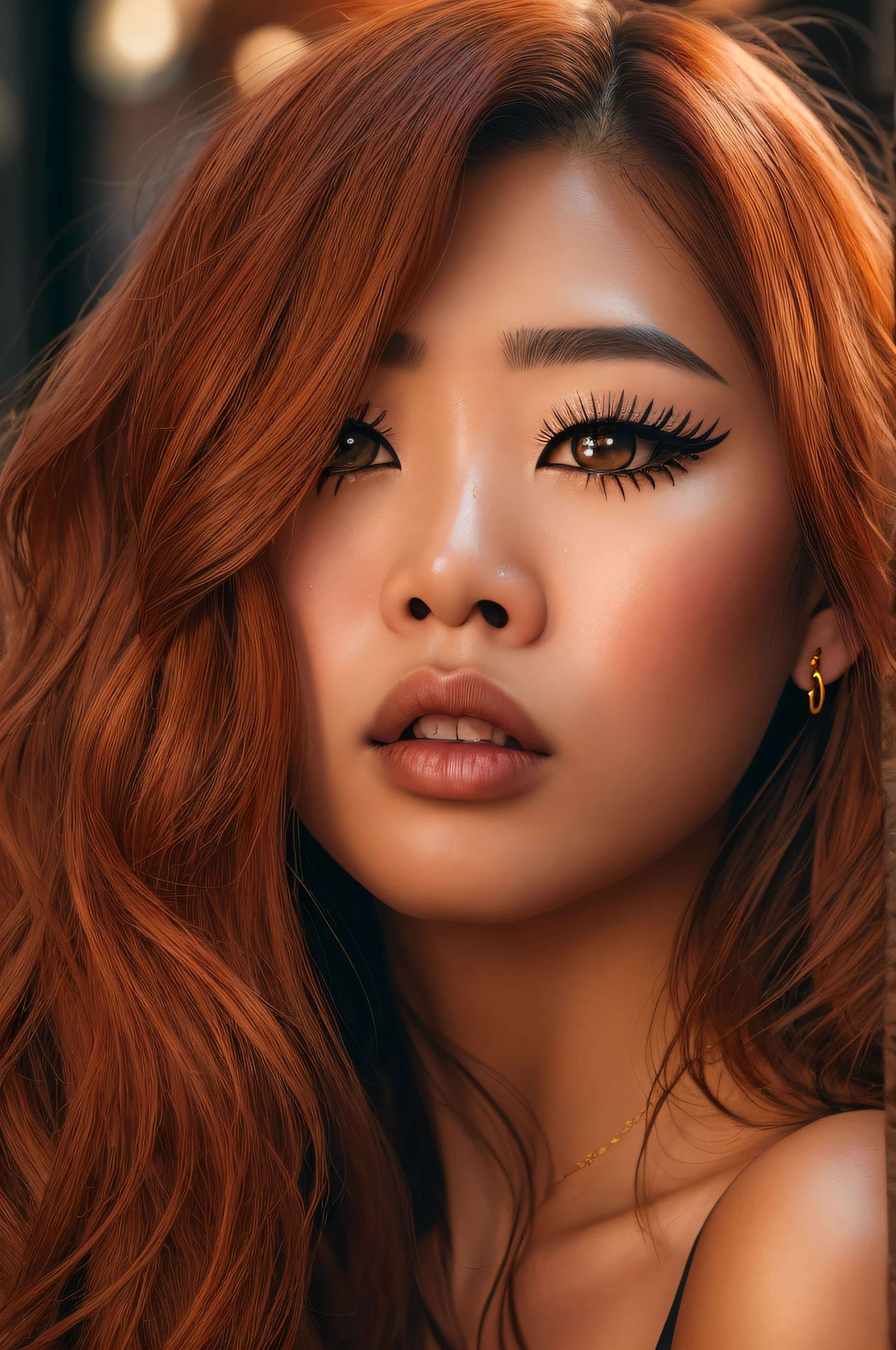 Hyper  realistic , ultra detailed, photo of beautiful Asian American woman with long, copper colored hair and full  lips. Front facing, golden hoop earrings, ultra detailed, ultra accurate detailed, mascara and long eyelashes, Shot with canon EOS RI camera at 50 mm focal length with a 1.2 aperture. 4k. Heavy makeup and a coy expression.