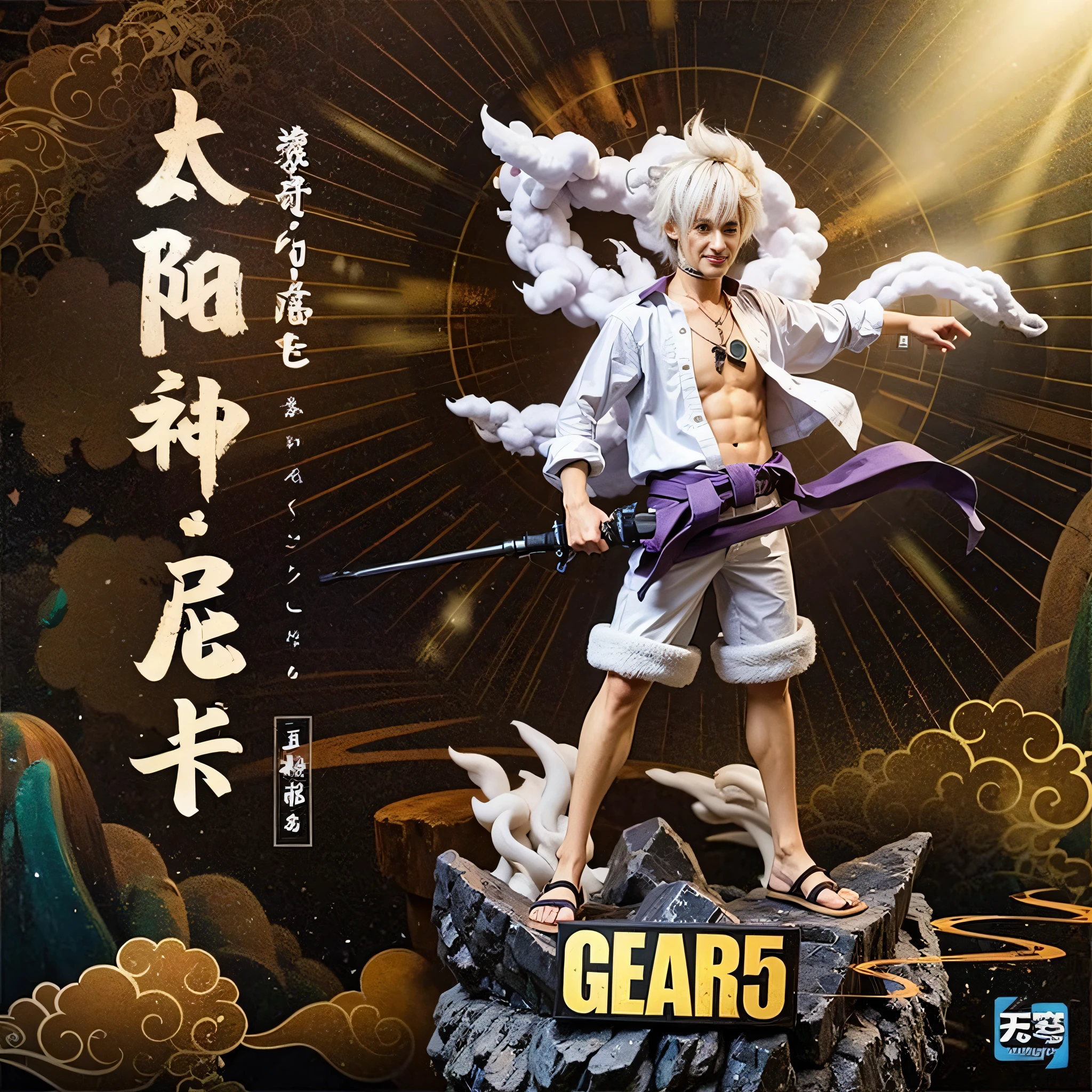 male character, white hair, huge smile, open white shirt, scar on the chest, white pants, purple waist belt, flip-flops, smoke-shaped clouds around the body