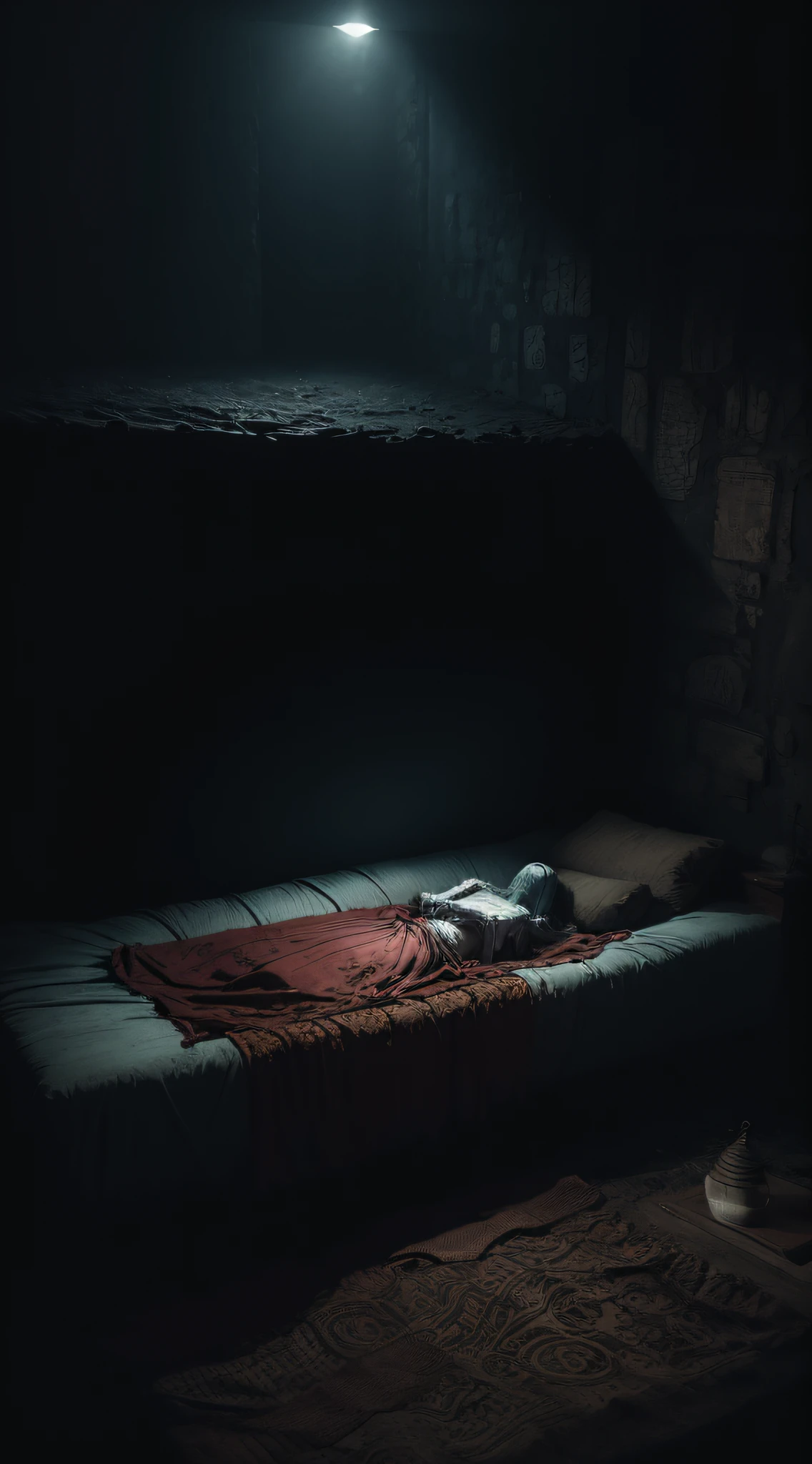 photo, a dead body hidden inside a mattress, bizarre, style of Zdzisław Beksiński, sepiatoned, detailed, HDR, high detail