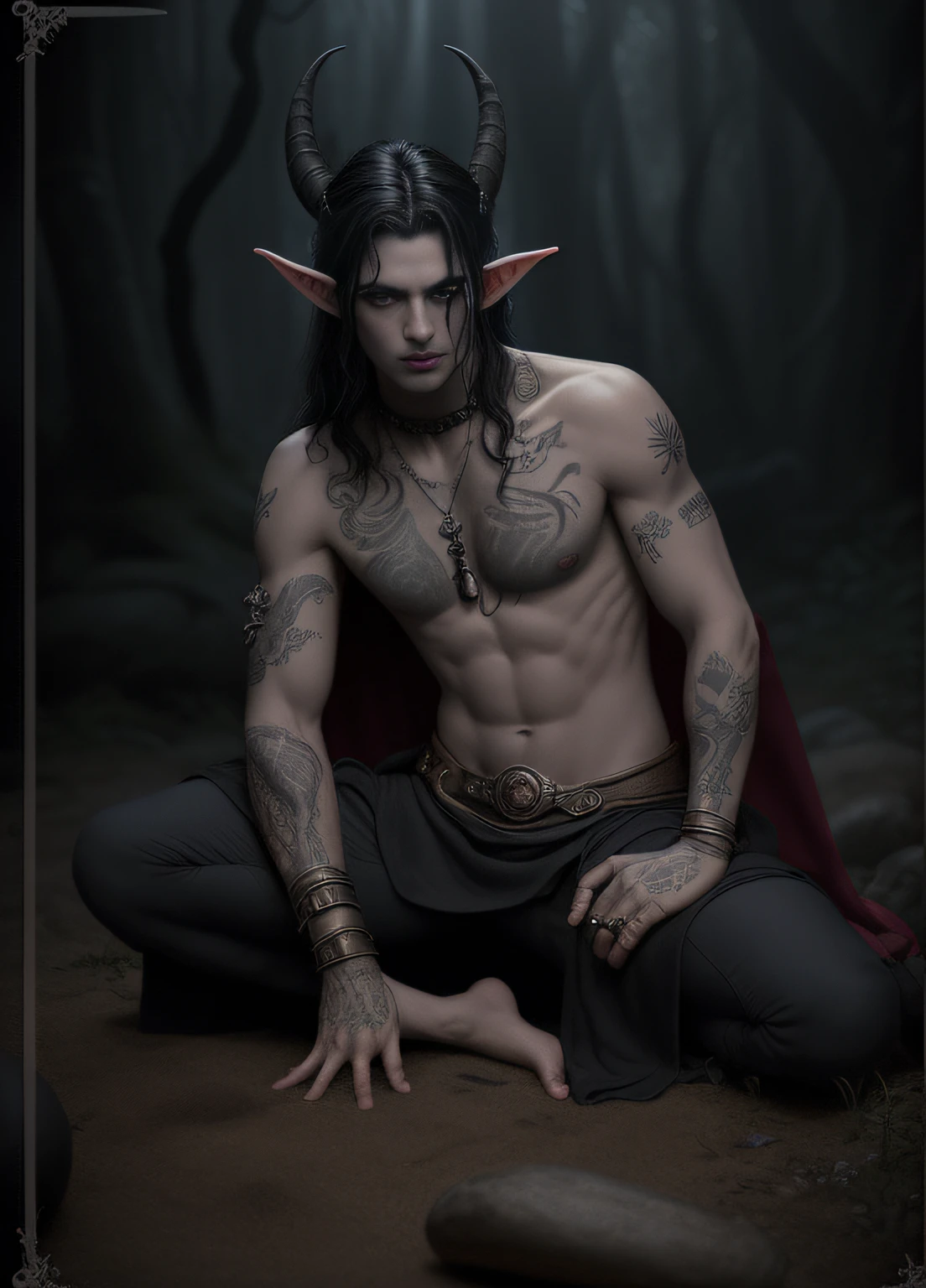 Foto RAW 8K, fotorrealista, film grain noise, soft cinematic light, Luz de llanta, mirando al espectador, Hiqcgbody, Focus, Estilo Tom BagshawUn primer plano, Pale-skinned male elf Arafed with black hair and tattoos sitting on the ground, sus manos tienen guantes negros (manos muy detalladas), Macho elfo oscuro malvado y tortuoso, Demonio Masculino, elven male, Fae oscuro, Demonio masculino humano, Vampiro masculino del clan Banu Haqim, En estilo el demonio sentado, handsome japanese demon boy, skinny male fantasy alchemist, Elfpunk, pose amenazante, Pose lacivious