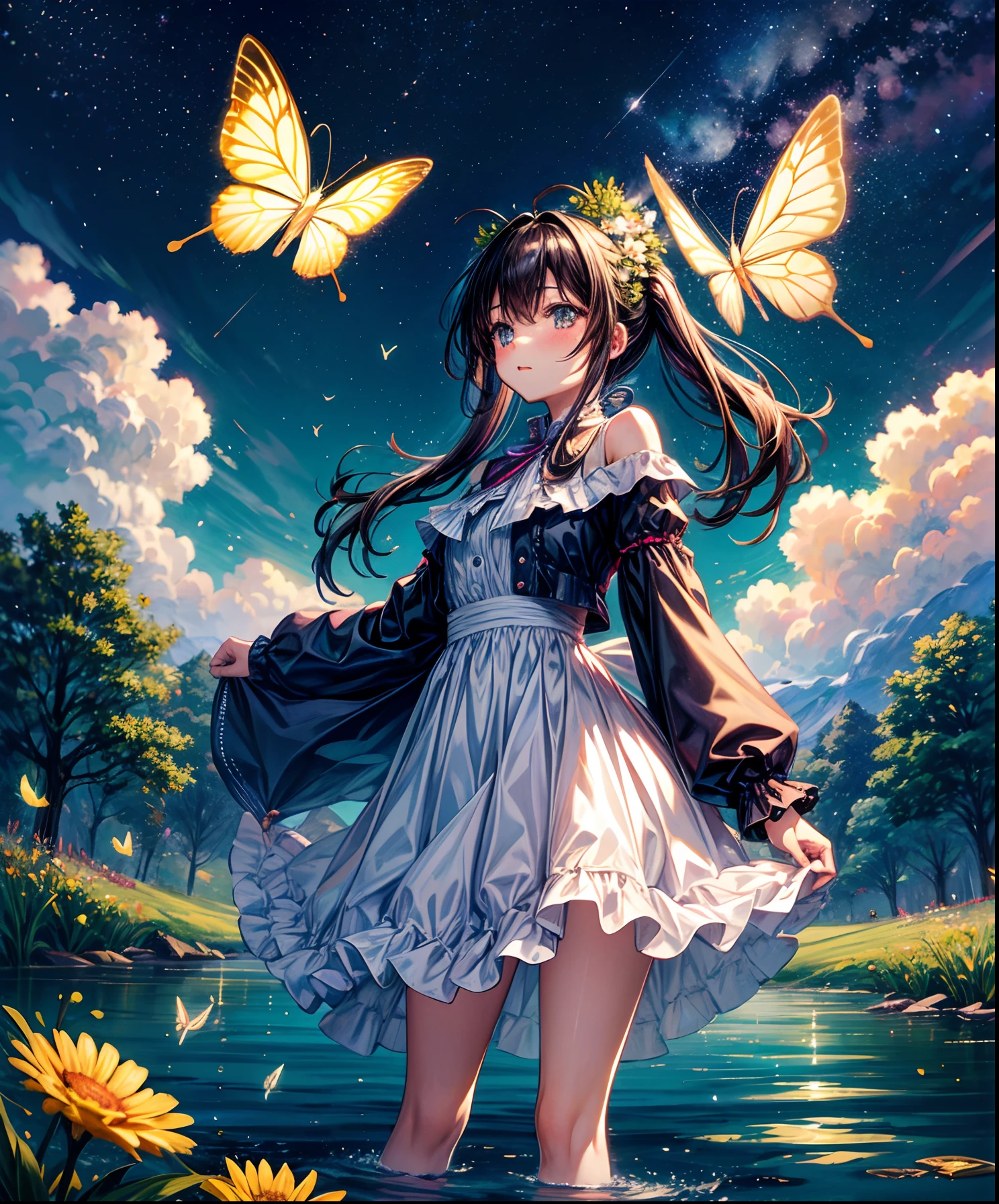 Cute girl characters、Describes a scene with grassy butterflies lying on the water flying around, Looking up at the starry sky. Surround her with colorful nebulae and her favorite constellations.