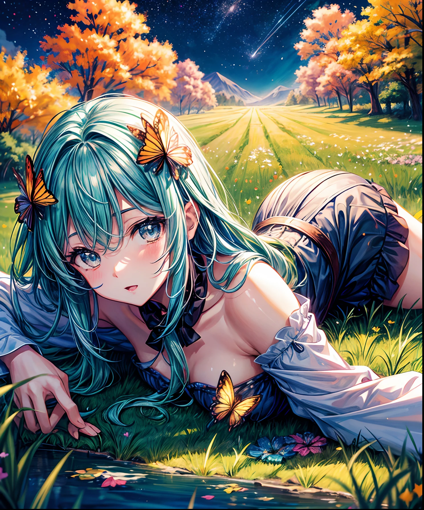 Cute girl characters、Describes a scene with grassy butterflies lying on the water flying around, Looking up at the starry sky. Surround her with colorful nebulae and her favorite constellations.