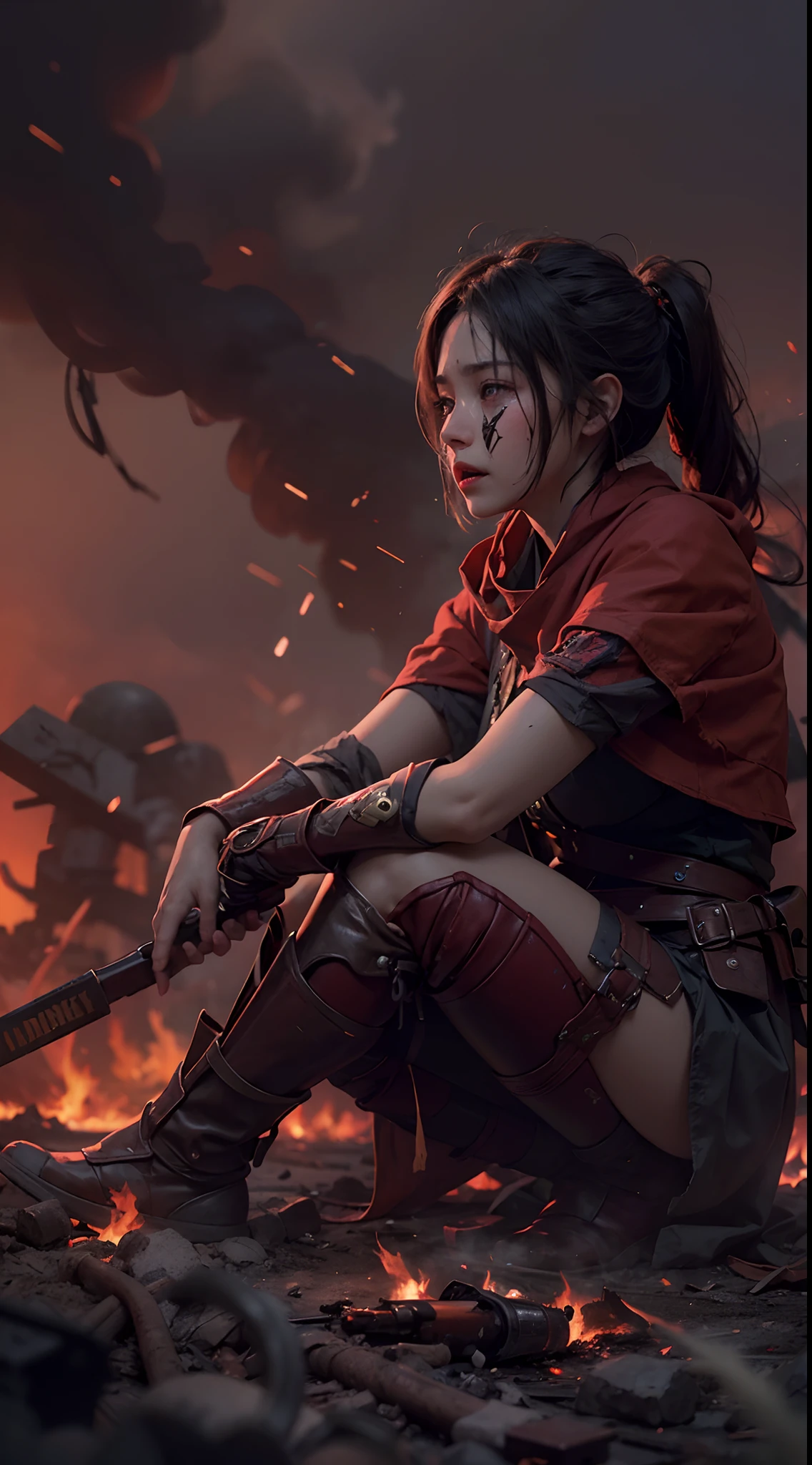 A female warrior sitting on her knees along with the sadness on the face, war scene, fire smokes everywhere, dead bodies of warriors spread everywhere, smoke bombs, tears, red sad sky, background dark red, hopeless, cinematic art effects, 8K rendered by AMD FidelityFX Super Resolution 3.