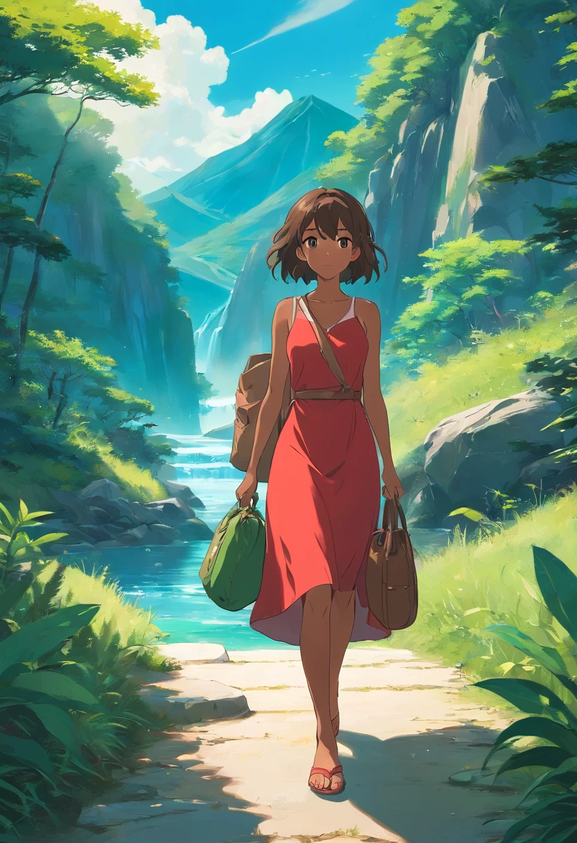 Brown girl in red dress with a bag and back and a huge frog of her size has her right on a wonderful beautiful path leading to a turquoise blue water lagoon of mountain casquade