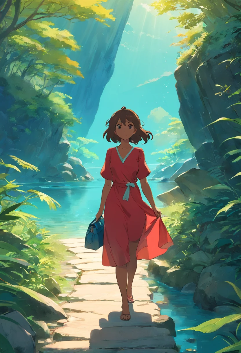 Brown girl in red dress with a bag and back and a huge frog of her size has her right on a wonderful beautiful path leading to a turquoise blue water lagoon of mountain casquade