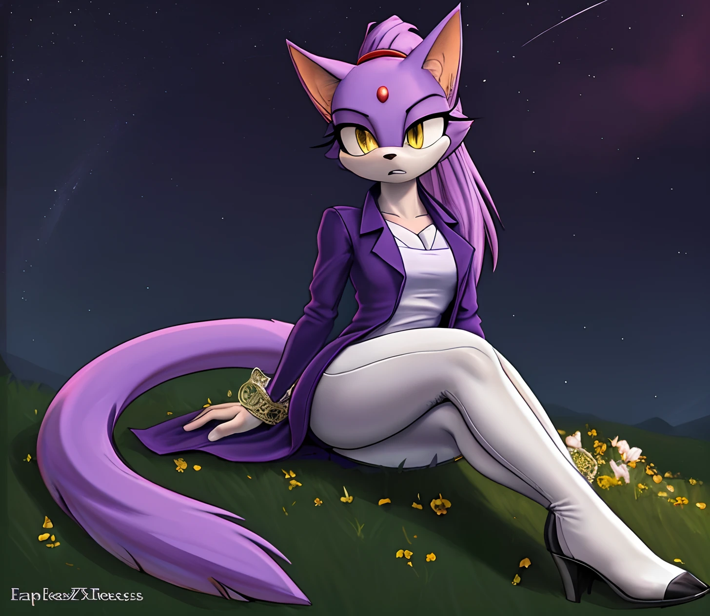 [Blaze the Cat], [Uploaded to e621.net; (Pixelsketcher), (twistedterra), (napalm_express)], ((masterpiece)), ((solo portrait)), ((front view)), ((full body)), ((detailed fur)), ((detailed shading)), ((beautiful render art)), ((intricate details)), {anthro cat, (light purple fur), black nose, cat ears, beautiful yellow eyes, red diamond on forehead, ponytail, hair tie, long tail, (curvy hips), (beautiful legs), (expressionless)}, {(purple trench coat), (white leggings), (red high heel boots)}, {(sitting on side), (hands on thighs), (looking ahead)}, [background; (grass plains), (sunset), (starry sky)]