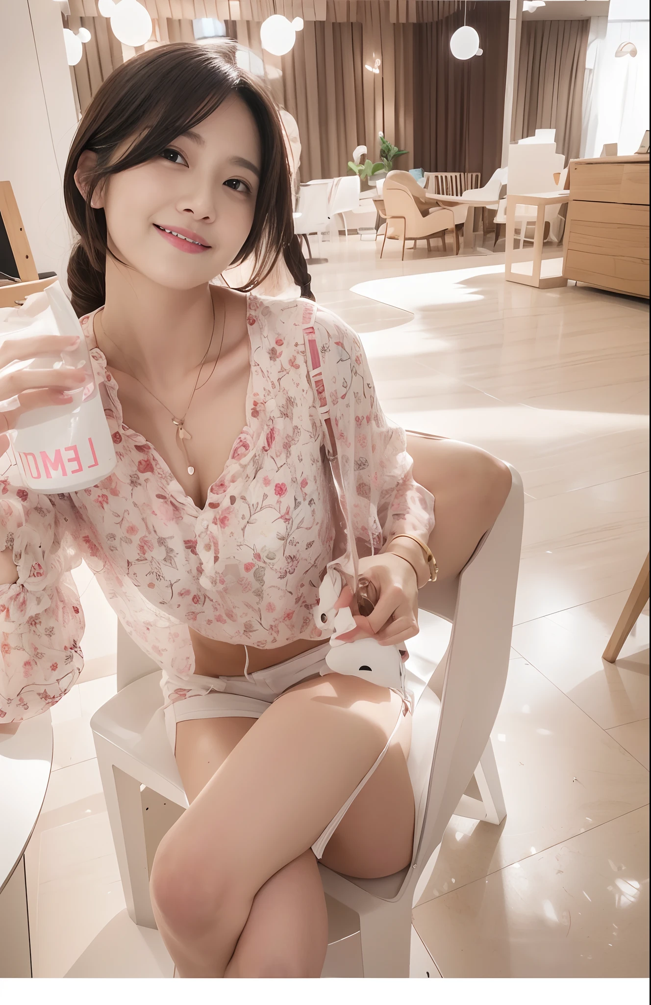 k hd,RAW photogr,tmasterpiece:1.5,Ultra-detailed details,Cute beautiful girl,Sit down and tease,Wear a cute pink and white printed chiffon shirt,ssee-through(no-bra),Reveal delicate collarbones,Snow-white chest,small boobs,Petite figure,Extra-short jeans,Bare thighs,Detailed clothing details,White legs and small feet,Beautiful legs apart,Slim and small,Beautiful mischievous expression,petty face,Beautiful looks,There are eye bags,Purse your lips and smile,There are dimples,Teethless,fully body photo