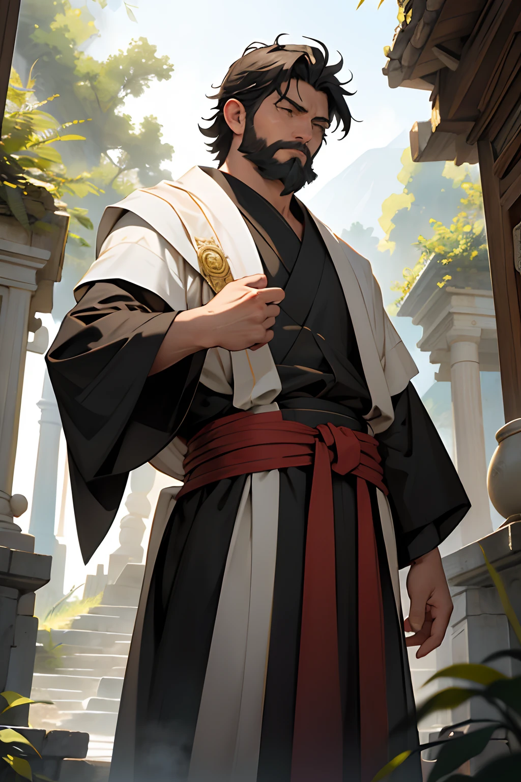 "The philosopher and a martial art master Leizi and his teaching focused on the idea that true wisdom is found in the observation of nature and in the practice of meditation., debate with Marcus Aurelius the Roman emperor who dominated half the world and the most famous Stoic." —c 10 —ar 2:3
Un sabio oriental, Leizi, de aspecto sereno y ojos penetrantes, se encuentra frente a frente con Marco Aurelio, un emperador romano de mirada firme y postura imponente.
The scene takes place in a quiet garden, where ancient trees and delicate jasmine perfume the air. El sol se pone lentamente, pintando el cielo con tonos dorados y naranjas.
The atmosphere is imbued with a deep calm, como si el tiempo se hubiera detenido. The silence is only broken by the whisper of the wind and the chirping of birds in the branches..
The atmosphere is one of mutual respect and intellectual curiosity. Both characters look at each other attentively, Ready for a momentous philosophical debate.
Leizi, with his simple robe and white beard, conveys a sense of ancient wisdom. Marco Aurelio, vestido con su toga imperial, irradia un aura de poder y liderazgo.
La pintura se realiza en acuarelas, con trazos suaves y delicados. Colors blend in harmony, reflejando la serenidad del momento.
The artists who could collaborate in this work are Zhang Daqian, conocido por sus paisajes naturales, y Caravaggio, famous for his dramatic use of light and shadow.