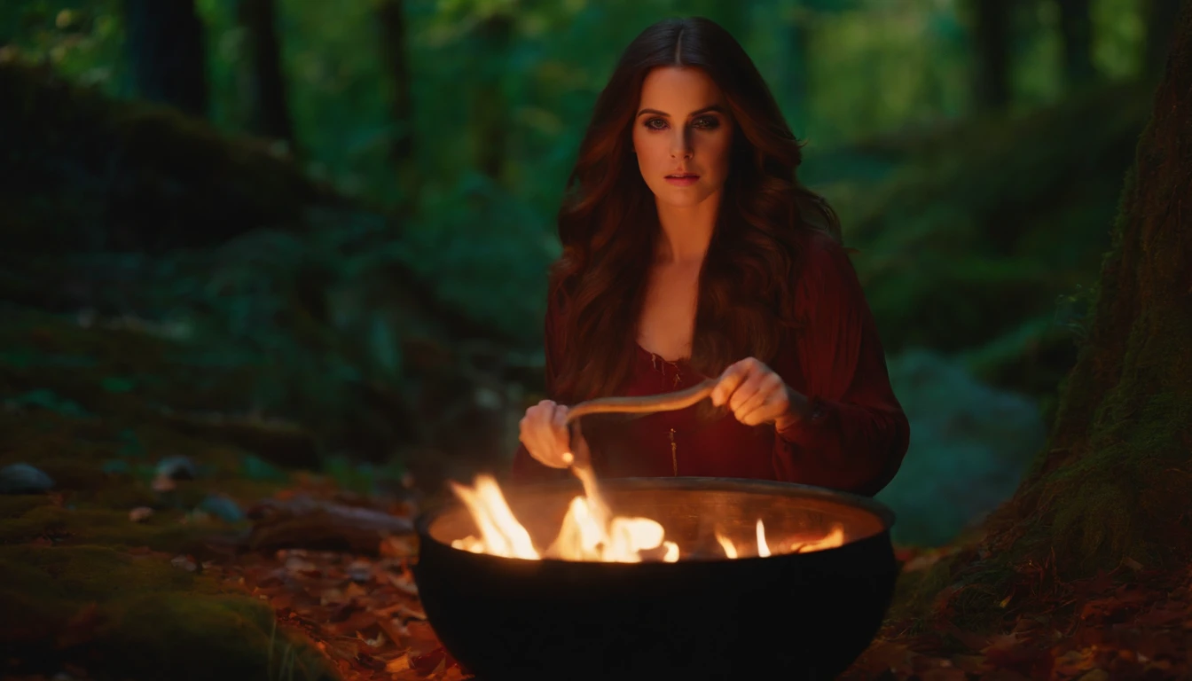 Lana del rey, witch, magic, forest, mystic, 8k, maximum detail, colorful, witch cauldron --auto --s2