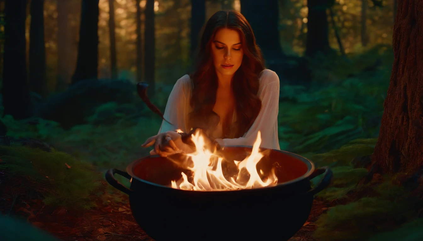 Lana del rey, witch, magic, forest, mystic, 8k, maximum detail, colorful, witch cauldron --auto --s2