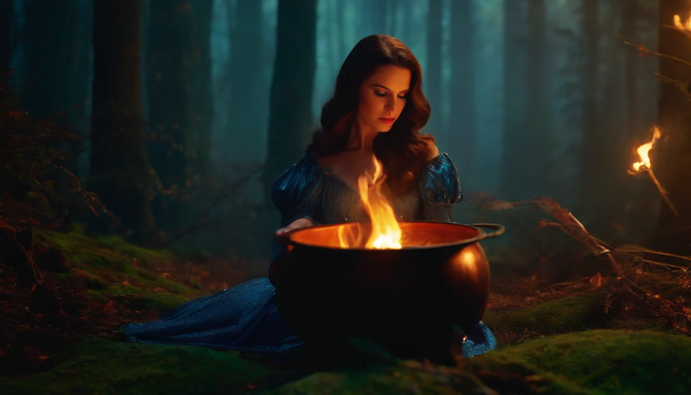 Lana del rey, witch, magic, forest, mystic, 8k, maximum detail, colorful, witch cauldron --auto --s2