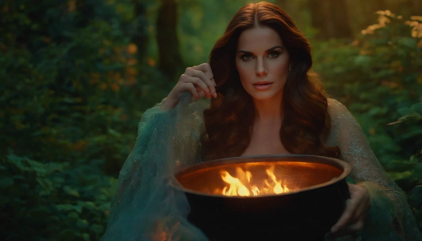 Lana del rey, witch, magic, forest, mystic, 8k, maximum detail, colorful, witch cauldron --auto --s2