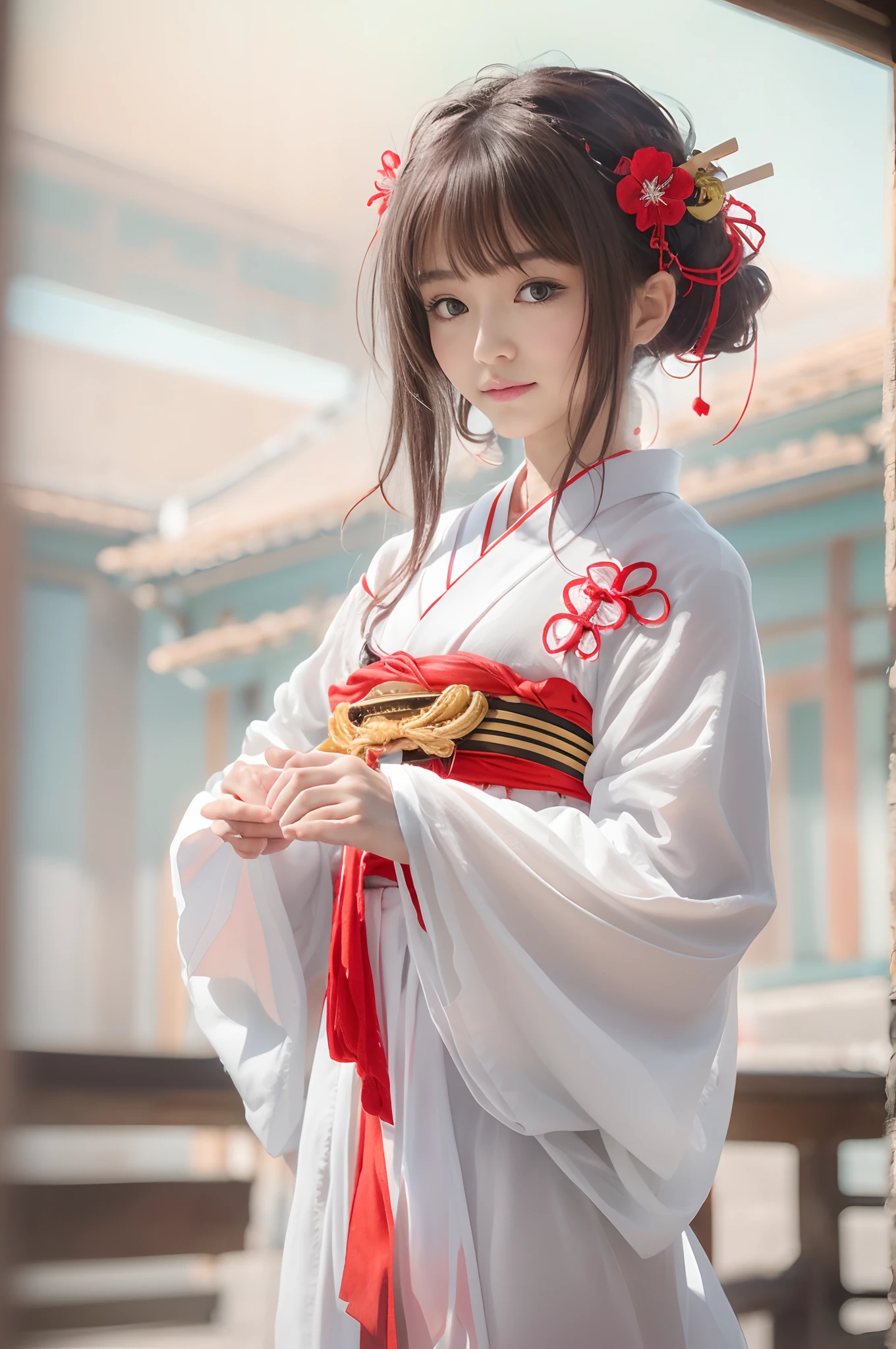 Japanese shrine maiden,, Personal profile picture, Japan women,kawaii!, profile photo, trending photo, , white miko costume、Red Hakama, full-body xianxia, gorgeous woman, Japan Girl,Facing the front、Crisp look