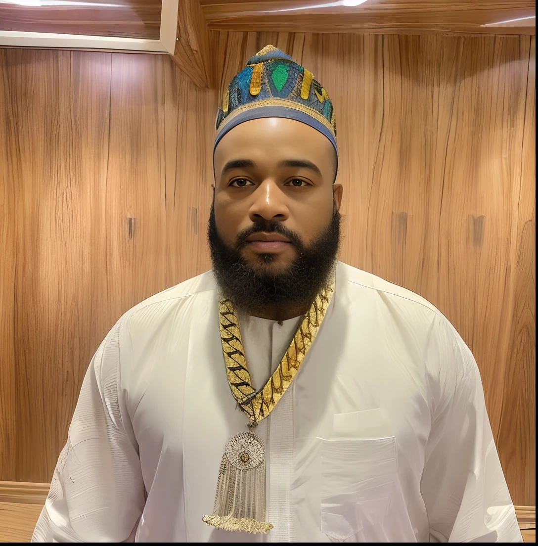 araffe man with a beard and a colorful hat standing in a room, trending photo, riyahd cassiem, inspired by Ras Akyem, picture of a male cleric, high quality picture, sakuga gunplay, giga chad, mogul khan, david uzochukwu, sheikh, serene expression, taken in the early 2020s