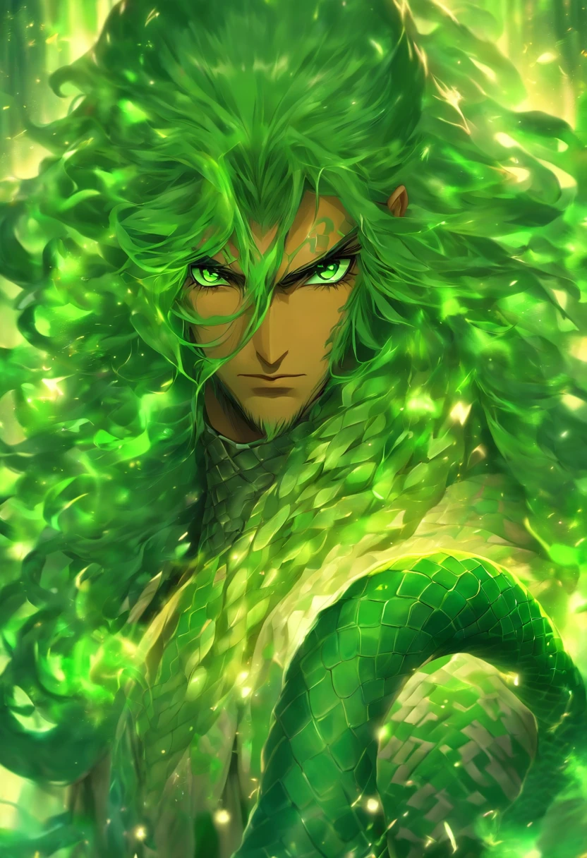 medieval times,A handsome woman resembling a man has long dark green hair、Green eyes,The expression is cold,A poisonous snake wrapped around his neck,viciousness,unholy,badass,Wearing white delicate religious clothes,In the middle of the wilderness,Full body like。