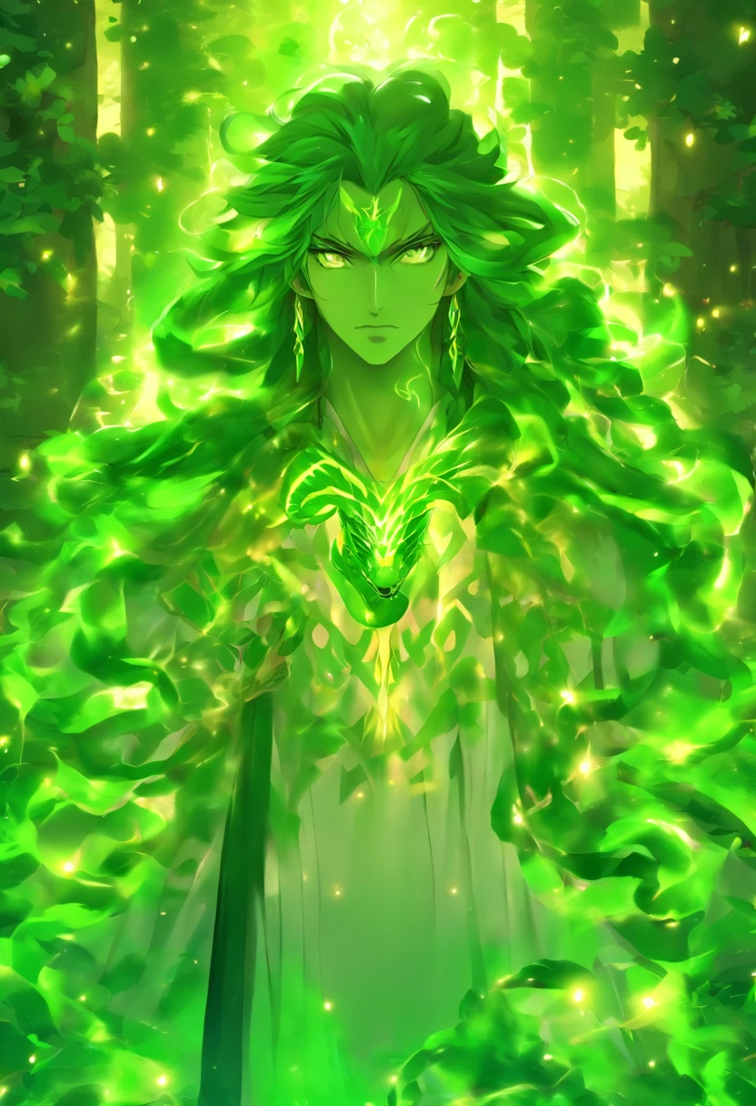 medieval times,A handsome woman resembling a man has long dark green hair、Green eyes,The expression is cold,A poisonous snake wrapped around his neck,viciousness,unholy,badass,Wearing white delicate religious clothes,In the middle of the wilderness,Full body like。