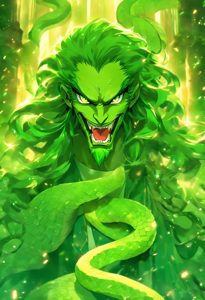 medieval times,A handsome woman resembling a man has long dark green hair、Green eyes,The expression is cold,A poisonous snake wrapped around his neck,viciousness,unholy,badass,Wearing white delicate religious clothes,In the middle of the wilderness,Full body like。