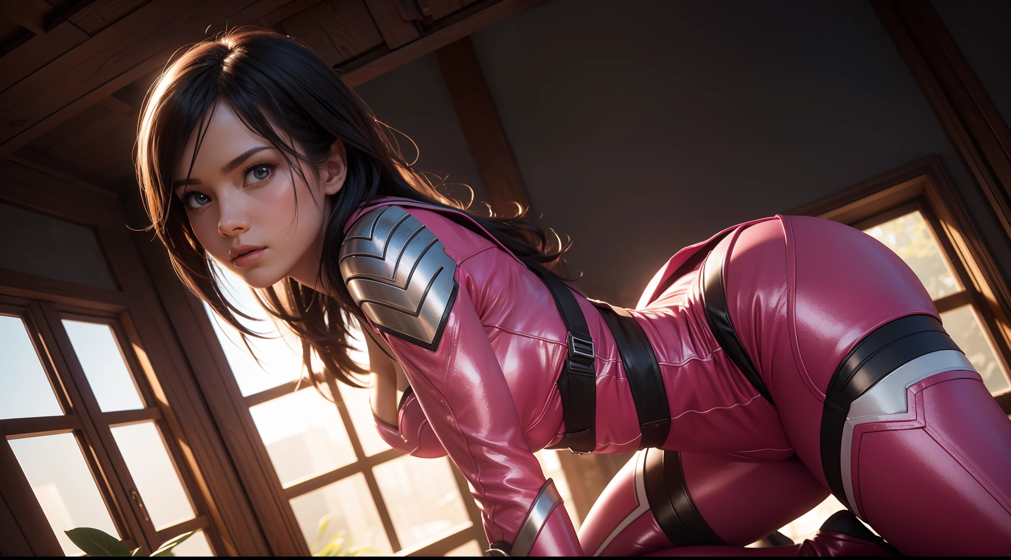 Sexy pink ranger from "Power Rangers", CGI with clear focus, Photorealistic, high detail, Realistic, Masterpiece, absurdress, Best Quality, HDR, hiquality, hight resolution, Extremely detailed, 8k wallpaper, intricate details, 8K UHD, Full-HD, (foto realista:1.2), Contrast, sharp lighting, Cinematic lighting, natural lighting, hard light, Backlighting, Global Illumination, Environment Occlusion