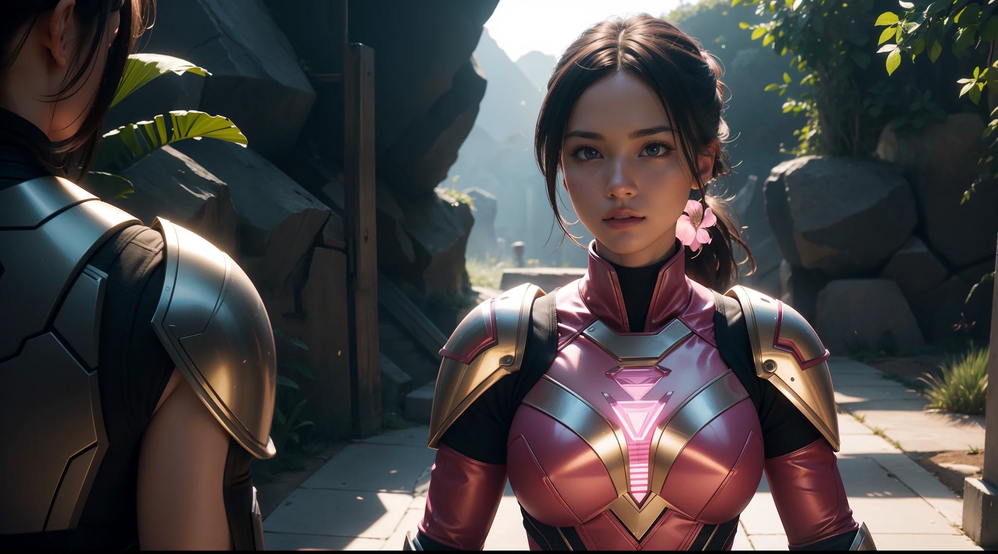 Sexy pink ranger from "Power Rangers", CGI with clear focus, Photorealistic, high detail, Realistic, Masterpiece, absurdress, Best Quality, HDR, hiquality, hight resolution, Extremely detailed, 8k wallpaper, intricate details, 8K UHD, Full-HD, (foto realista:1.2), Contrast, sharp lighting, Cinematic lighting, natural lighting, hard light, Backlighting, Global Illumination, Environment Occlusion