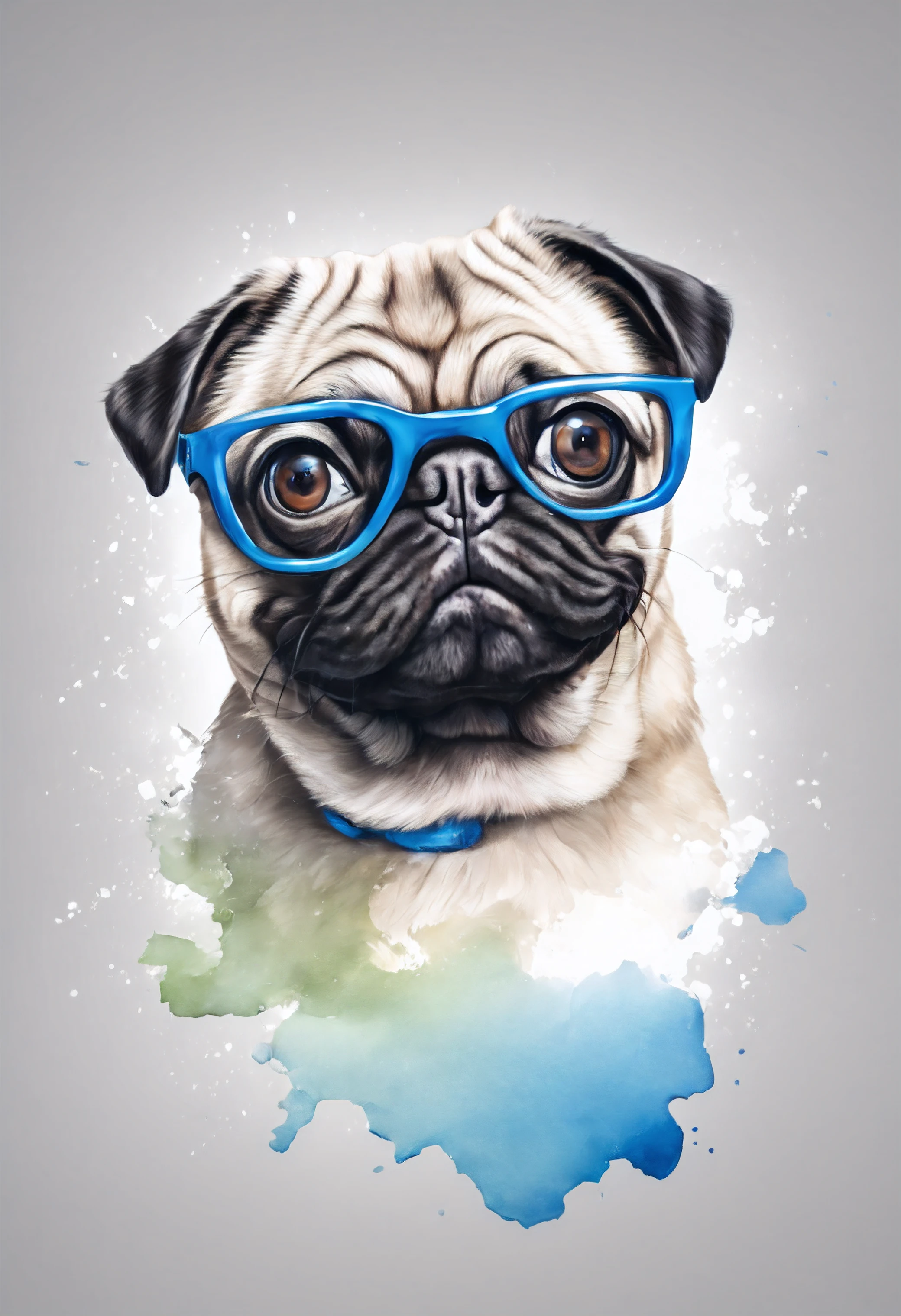 um cachorro Pug, pintura estilo 3D aquarela, Dog wearing blue glasses, Cachorro Pug, imagem completa, High resolution high contrast (fotorrealista:1.5), fundo branco, estilo adesivo, (Foto RAW, 8k UHD,