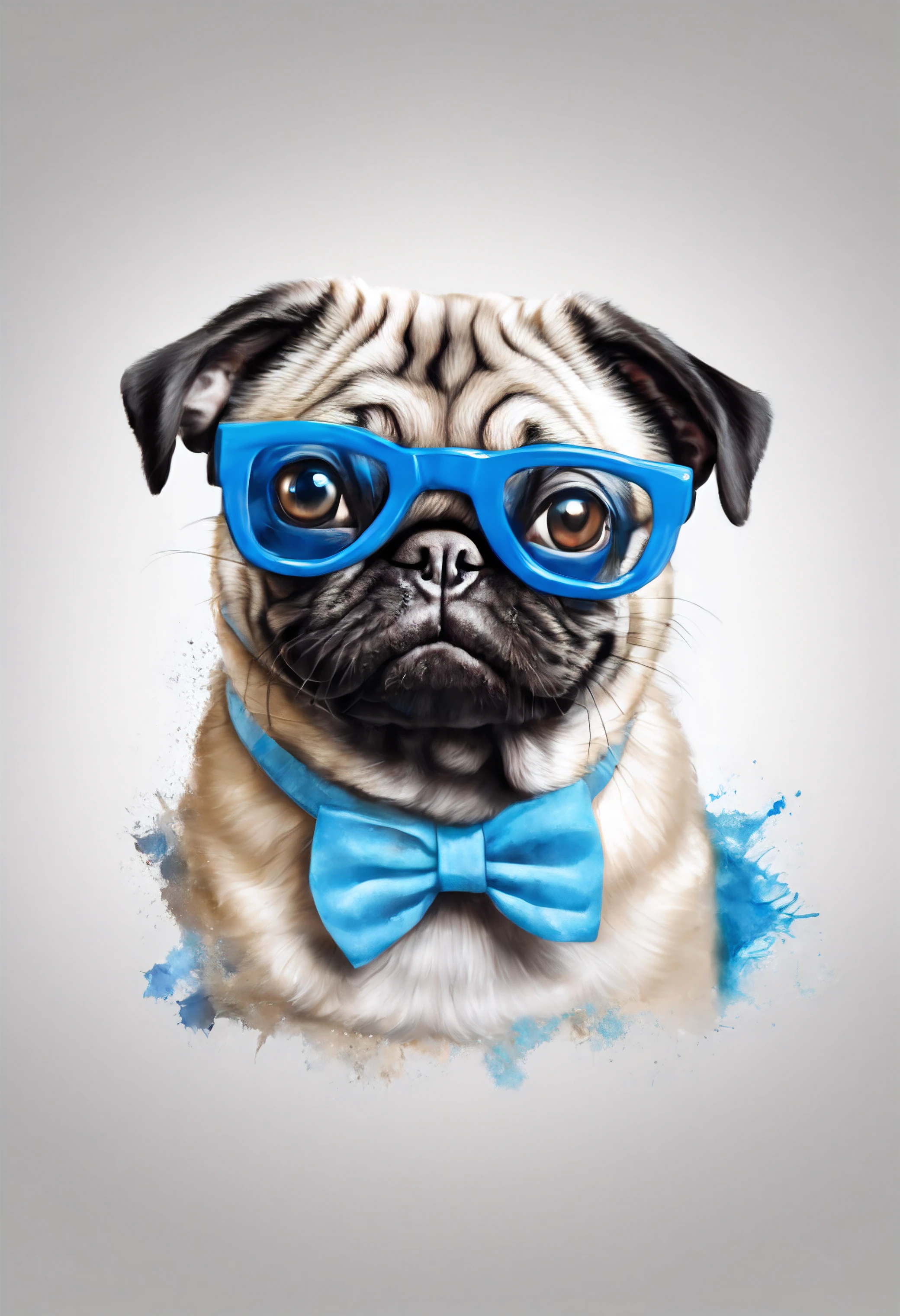 um cachorro Pug, pintura estilo 3D aquarela, Dog wearing blue glasses, Cachorro Pug, imagem completa, High resolution high contrast (fotorrealista:1.5), fundo branco, estilo adesivo, (Foto RAW, 8k UHD,