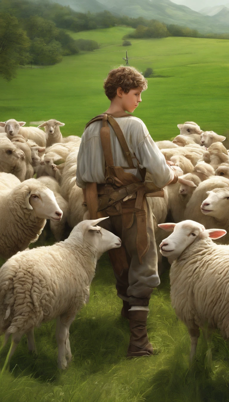 Illustrate David as a young shepherd boy tending to his sheep in a lush green field. Make sure to capture his kindness and musical talent.