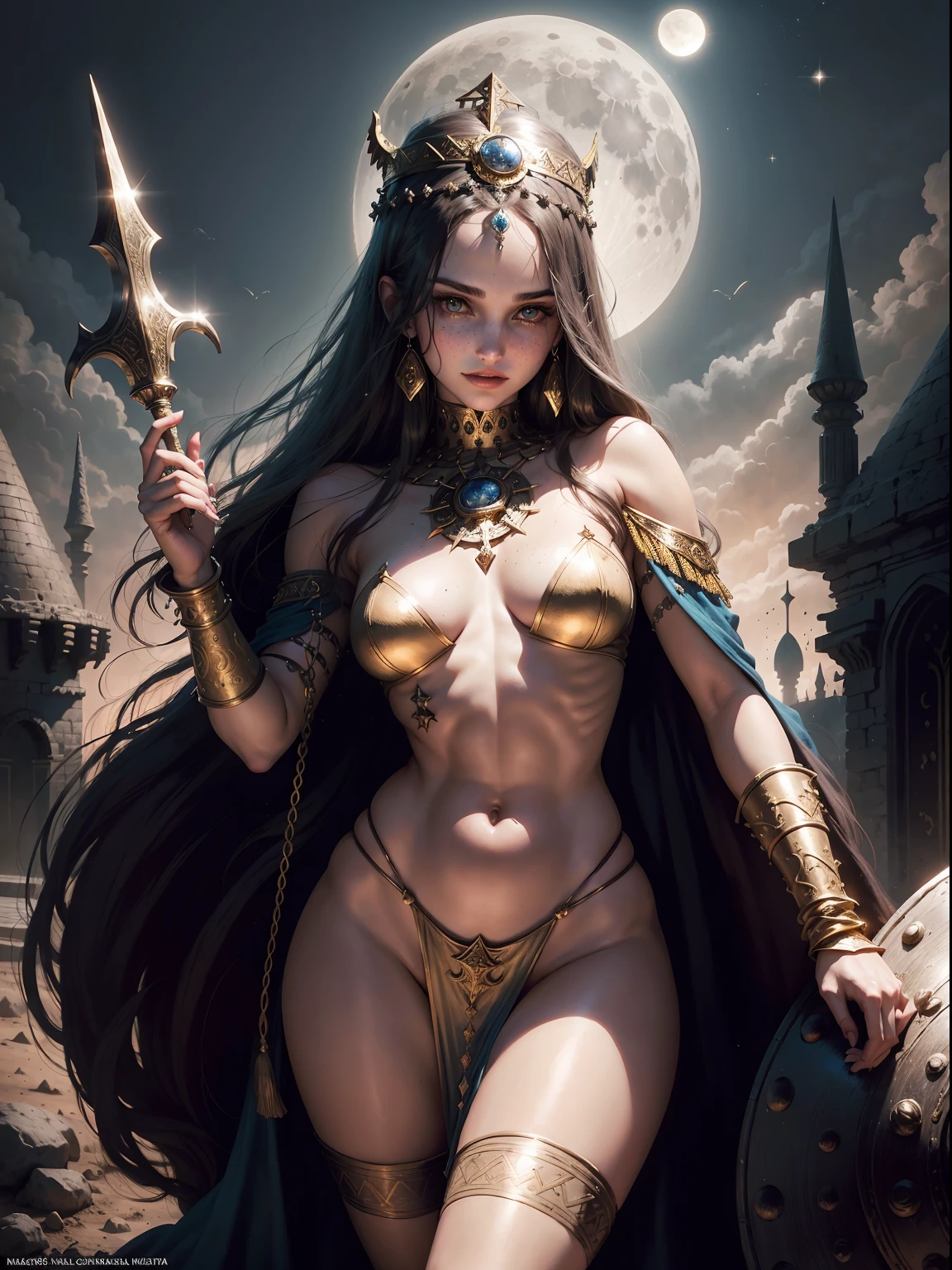 1970's dark fantasy heavy metal disc cover. teen natalie portman as a gold priestess girl. gentle smile. (Moon night desolation). freckles. slender and beautiful. intricate detail.