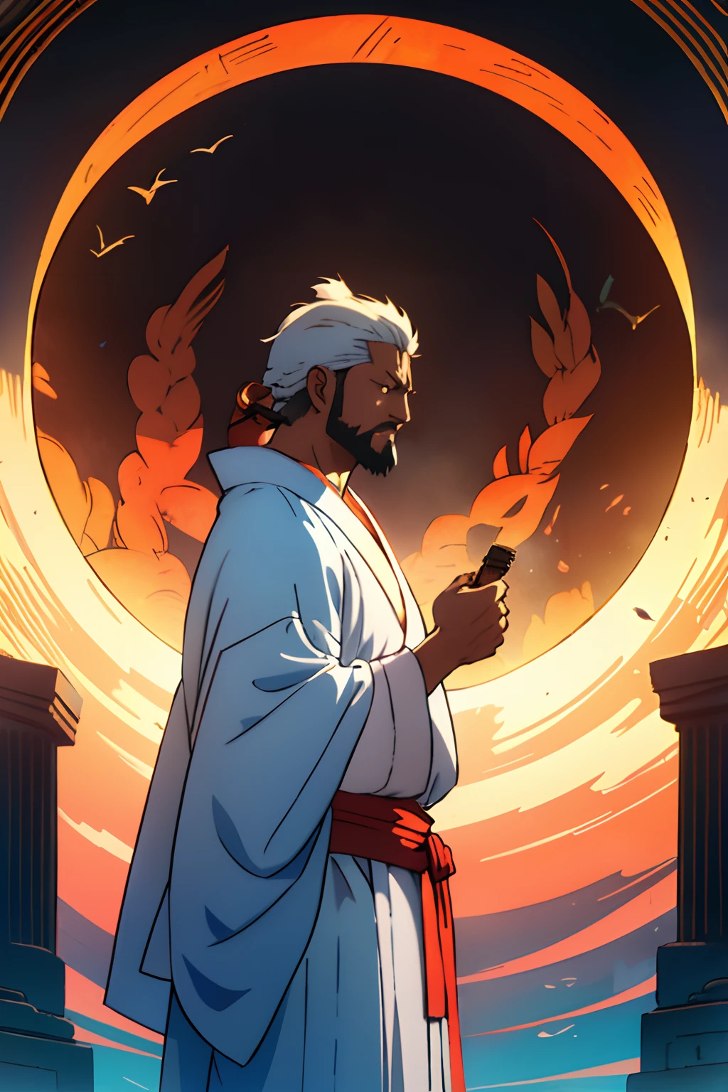 "The philosopher and a martial art master Leizi and his teaching focused on the idea that true wisdom is found in the observation of nature and in the practice of meditation., debate with Marcus Aurelius the Roman emperor who dominated half the world and the most famous Stoic." —c 10 —ar 2:3 Un sabio oriental, Leizi, de aspecto sereno y ojos penetrantes, se encuentra frente a frente con Marco Aurelio, un emperador romano de mirada firme y postura imponente. The scene takes place in a quiet garden, where ancient trees and delicate jasmine perfume the air. El sol se pone lentamente, pintando el cielo con tonos dorados y naranjas. The atmosphere is imbued with a deep calm, como si el tiempo se hubiera detenido. The silence is only broken by the whisper of the wind and the chirping of birds in the branches.. The atmosphere is one of mutual respect and intellectual curiosity. Both characters look at each other attentively, Ready for a momentous philosophical debate. Leizi, with his simple robe and white beard, conveys a sense of ancient wisdom. Marco Aurelio, vestido con su toga imperial, irradia un aura de poder y liderazgo. La pintura se realiza en acuarelas, con trazos suaves y delicados. Colors blend in harmony, reflejando la serenidad del momento. The artists who could collaborate in this work are Zhang Daqian, conocido por sus paisajes naturales, y Caravaggio, famous for his dramatic use of light and shadow.