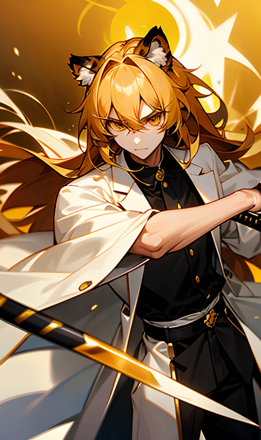 Skinny body boy with long thick golden hair with tiger ears on golden head and golden tiger cda while and is wearing a white overcoat and a black blouse underneath and has water around him while holding his katana with his left hand and his fully golden eyes