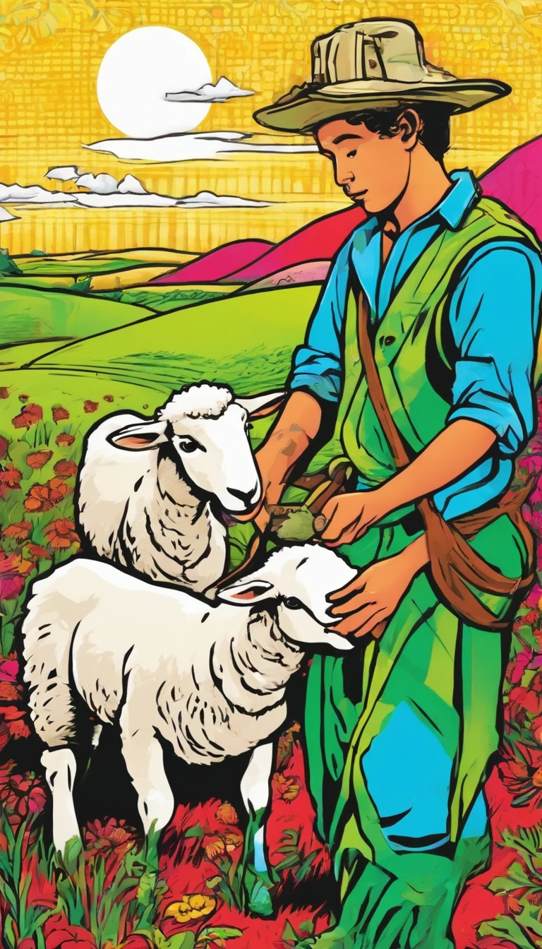 Illustrate David as a young shepherd boy tending to his sheep in a lush green field. Make sure to capture his kindness and musical talent.