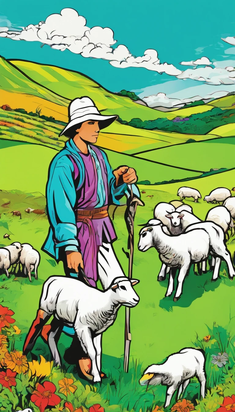Illustrate David as a young shepherd boy tending to his sheep in a lush green field. Make sure to capture his kindness and musical talent.