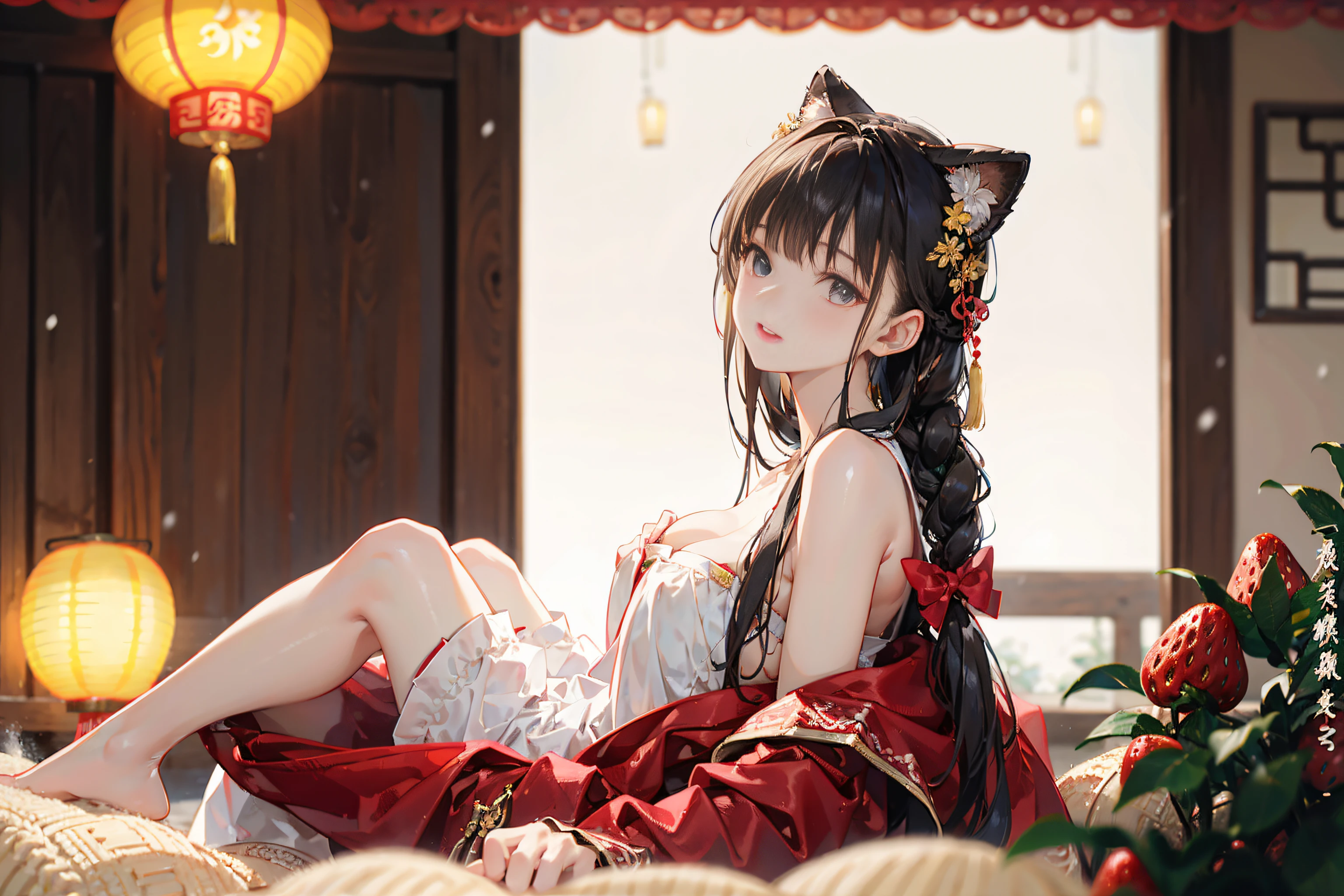 (film portrait photography, 1girll, exposed bare shoulders:1.5,shadowing:1.4,At night:1.4,janelas,Lanterns)(Realistic detailed eyes, Natural skin texture, Realistic facial details)(Soft dramatic lighting, depth of fields, Bokeh, vibrant detail, finedetail, hyper realisitc, 35mm film, Hazy and blurry, Photorealism,smallunderboob,鎖骨:1.5)(ar old,Ancient Chinese girl:1.6,Lori huge breasts cleavage,watch audience,Take strawberries,Delicate snow all over the body,A sagging breast)(Be red in the face:1.5,Petite figure,ssmile,Small red lips:1.4,eye shadows:1.2,Red belly pocket:1.5,wearing hair bow:1.4,Naked foot:1.3,French bangs,Double braid:1.4,Chinese Ancient Architecture)(Lying indoors,heavy snowy,pets)