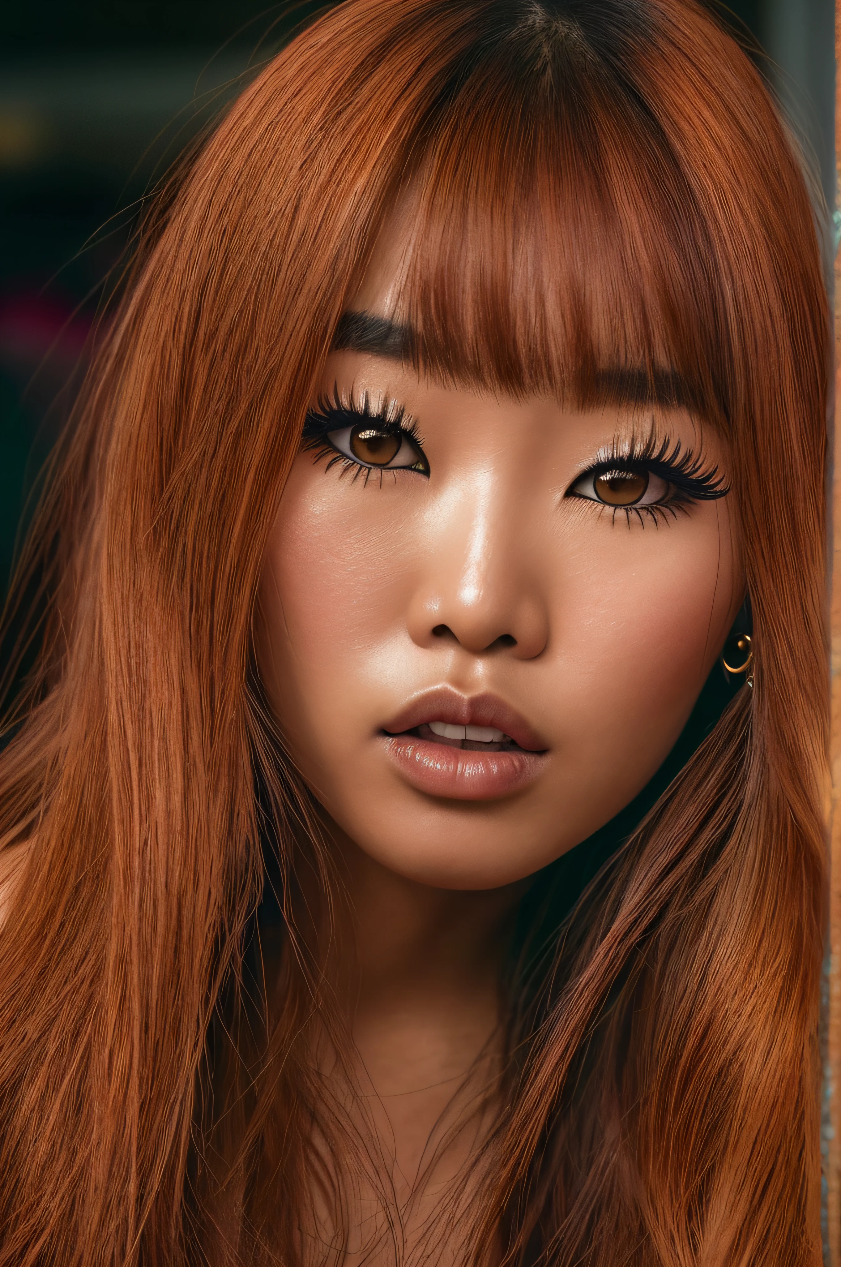 Hyper realistic , ultra detailed, photo of beautiful Asian American woman with long, copper colored hair and full lips. Front facing, golden hoop earrings, ultra detailed, ultra accurate detailed, mascara and long eyelashes, Shot with canon EOS RI camera at 50 mm focal length with a 1.2 aperture. 4k. Heavy makeup and a coy expression.