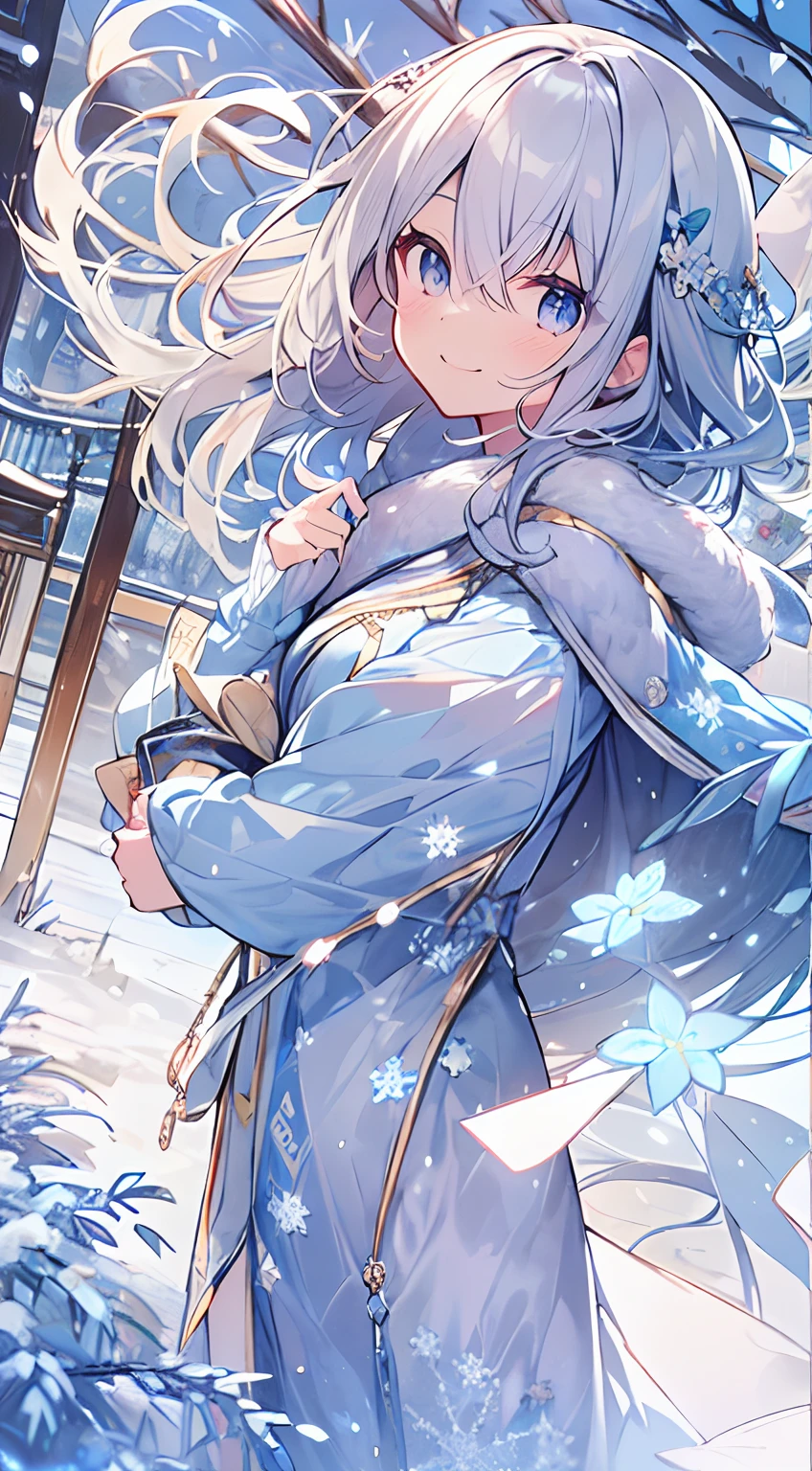 masutepiece, Best Quality,Illustration, Wallpaper, ultra -detail, Absurd beauty, 1beautiful girl、Bright hair color、Glitter and big eyes、Hair fluttering in the wind、ample breasts、♡、Smaller head、Winter scene、miscievous smile、Angle looking down from above