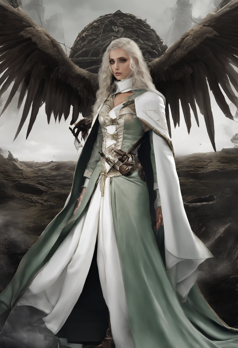 medieval times,A handsome woman resembling a man has long dark green hair、Golden eyes,The expression is cold,A poisonous snake wrapped around his neck,viciousness,unholy,badass,Wearing white delicate religious clothes,In the middle of the wilderness,Full body like。