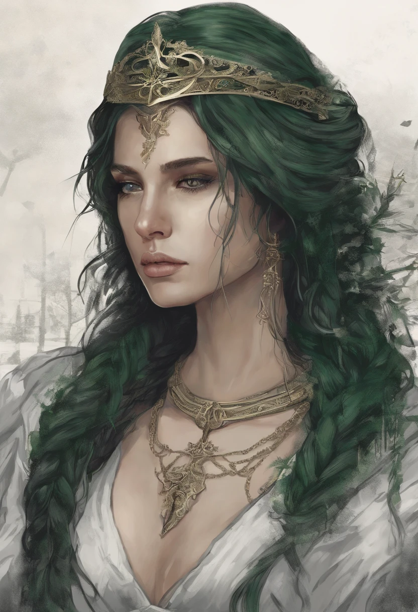 medieval times，A handsome woman resembling a man has long dark green hair、Golden eyes，The expression is cold，A poisonous snake wrapped around his neck，viciousness，unholy，badass，Wearing white delicate religious clothes，In the middle of the wilderness，Full body like。