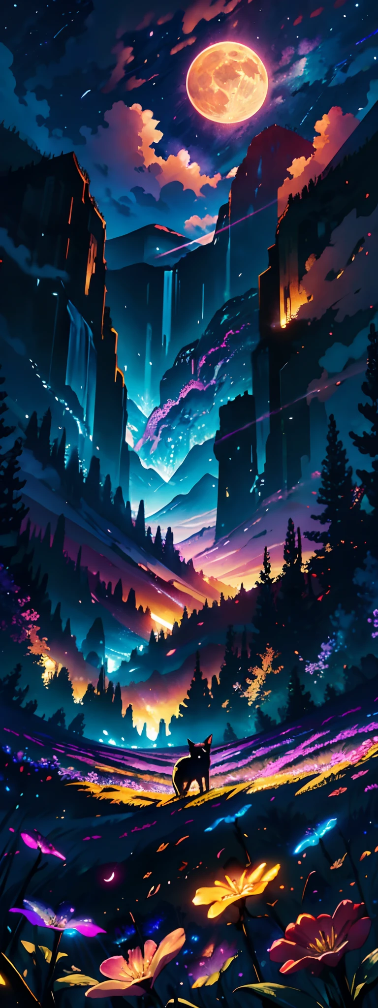 Vast landscape photos , (a view from below that shows sky above and open field below), Cat in the foreground standing in a flower field and looking up at the sky, (fullmoon:1.2), ( shooting stars:0.9), (nebulas:1.3), distant mountain, Tree Break Production Art, (Warm light source:1.2), (firefly:1.2), apples, lot of purple and orange, Intricate details, Volumetric Lighting BREAK (masutepiece:1.2), (Best Quality), 4K, Ultra-detailed, (dynamic compositions:1.4), Highly detailed, Colorful Detail,( Iridescent colors:1.2), (Glowing lighting, Atmospheric lighting), Dreamy, Magical, (Solo:1.2