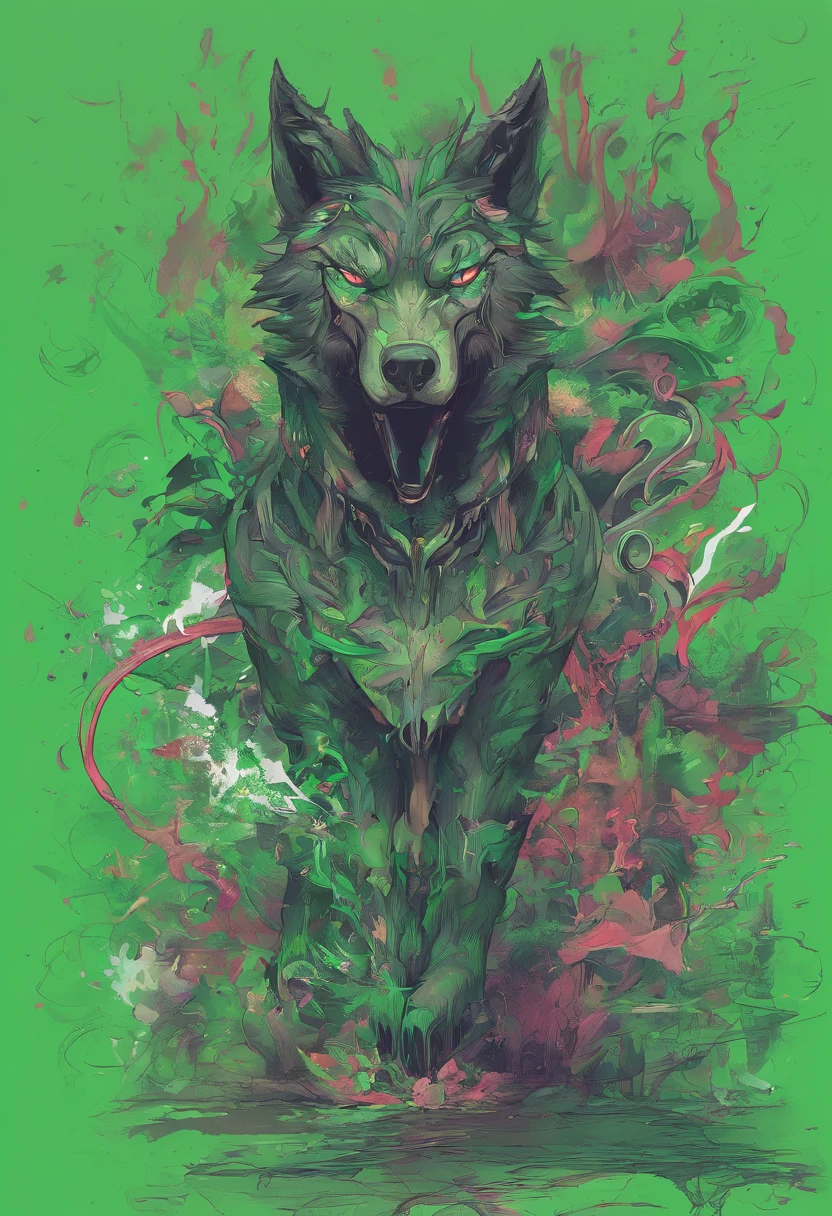 Splash art, a wolf's head, ((fundo verde green screen)), olhos penetrantes, epic instagram, artstation, estilo splash de tinta colorida, contorno, hiperdetalhado intricadamente detalhado, motor irreal, genial, detalhes intrincados, tela inicial, cores complementares, conceito de fantasia arte, 8K分辨率, obra-prima do deviantart, oil-painting, pinceladas pesadas, pingos de tinta, splash arts