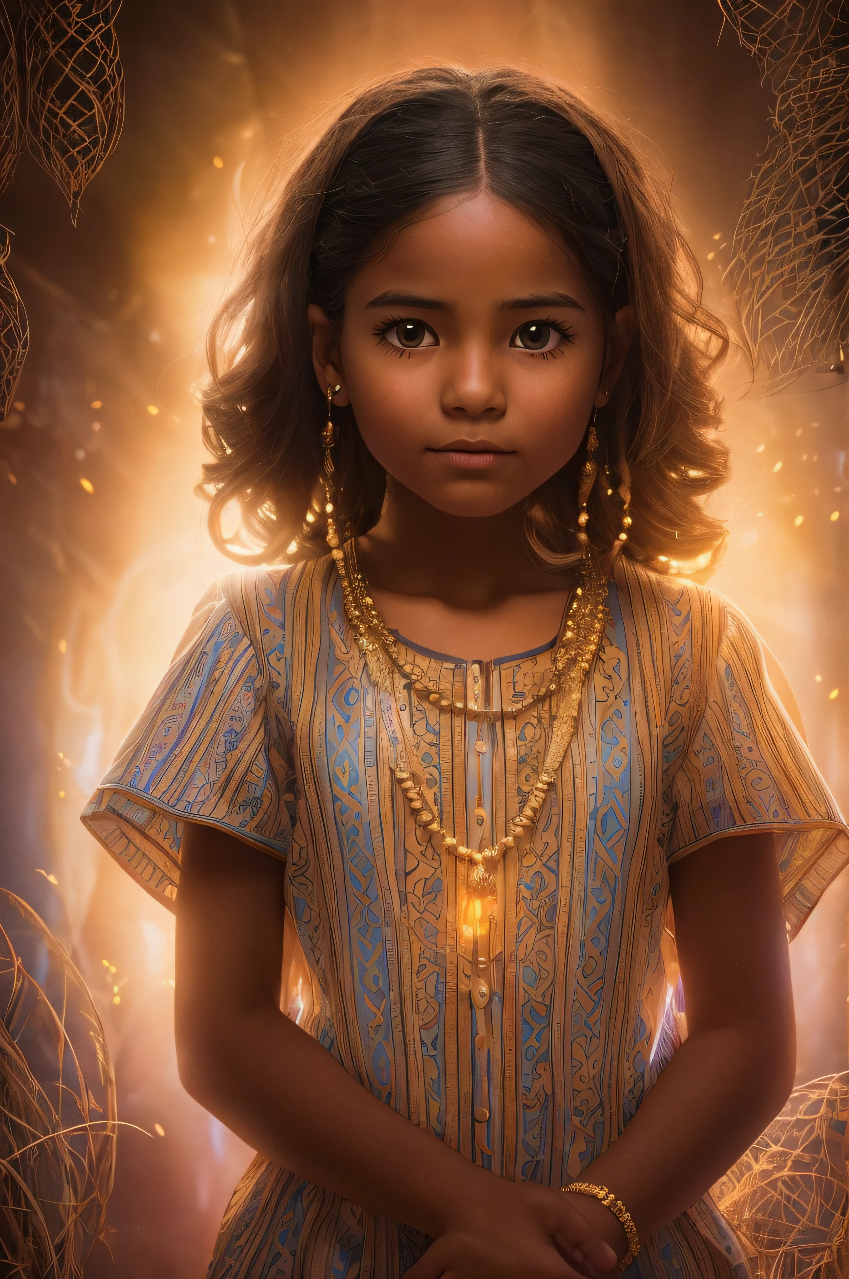 A A9-year-old Latina woman with short blonde hair. Her dark brown eyes are fixed on the camera, conveying serenity and spiritual wisdom. She wears light transparent clothes that emanate spirituality, in a mystical and illuminated environment, where the soft light highlights her calm and mysterious aura. She has dark skin, which seems to exude a natural glow. Her hair is short, with a cut that highlights her confident and spiritual expression. The strands are the color of ebony, with some natural highlights that shine softly in the light. Her eyebrows are well defined and complement her expressive eyes. They seem capable of seeing beyond appearances and delving into the depths of the human spirit. Her face is serene, with soft features that suggest compassion and empathy. She has a big gentle smile that radiates calmness and confidence. Her presence is welcoming and inspiring.