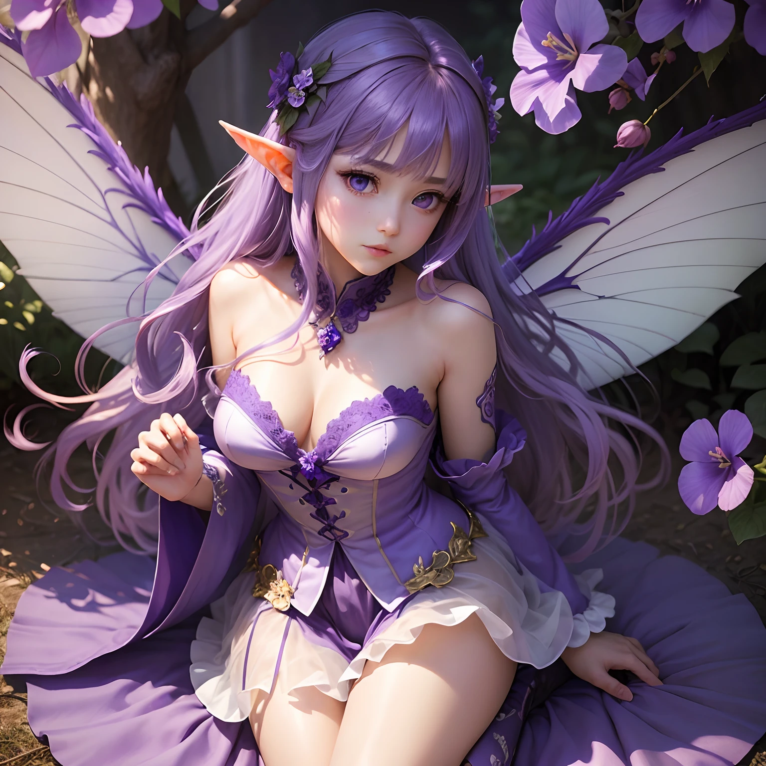 (Best Quality,Ultra-detailed,Realistic:1.37)、Violet Flower Fairy、An 18-year-old woman、独奏、Anthropomorphic violet、(Clear eyes:1.5)、Bewitching look、Light purple hair、Violet hair ornament、Elf-like pointed ears、Fairy with wings、(Flashy clothes with violet motif:1.5、Emphasis on the characteristics of violets)、On violet flowers、Sumire Garden、Full body